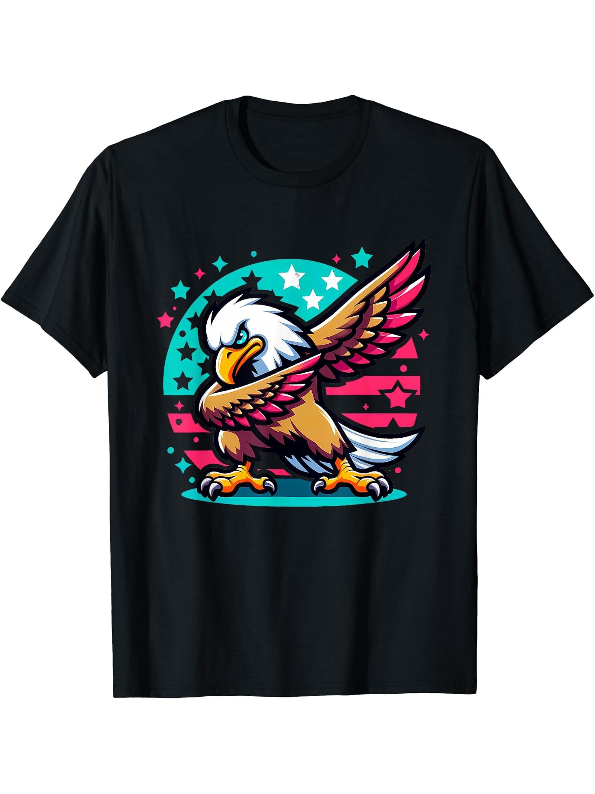 Dabbing Bald Eagle T-Shirt 180G 100% Cotton Printed Round Neck Short-Sleeve T-Shirt, Gifts for Men Dad Husband Grandpa, S-XXXL, Black