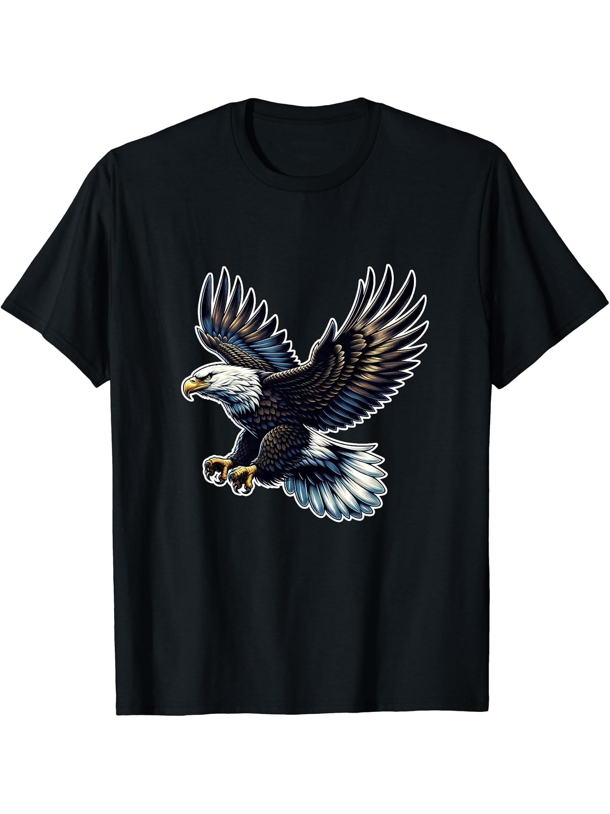 Flying American Bald Eagle T-Shirt 180G 100% Cotton Printed Round Neck Short-Sleeve T-Shirt, Gifts for Men Dad Husband Grandpa, S-XXXL, Black