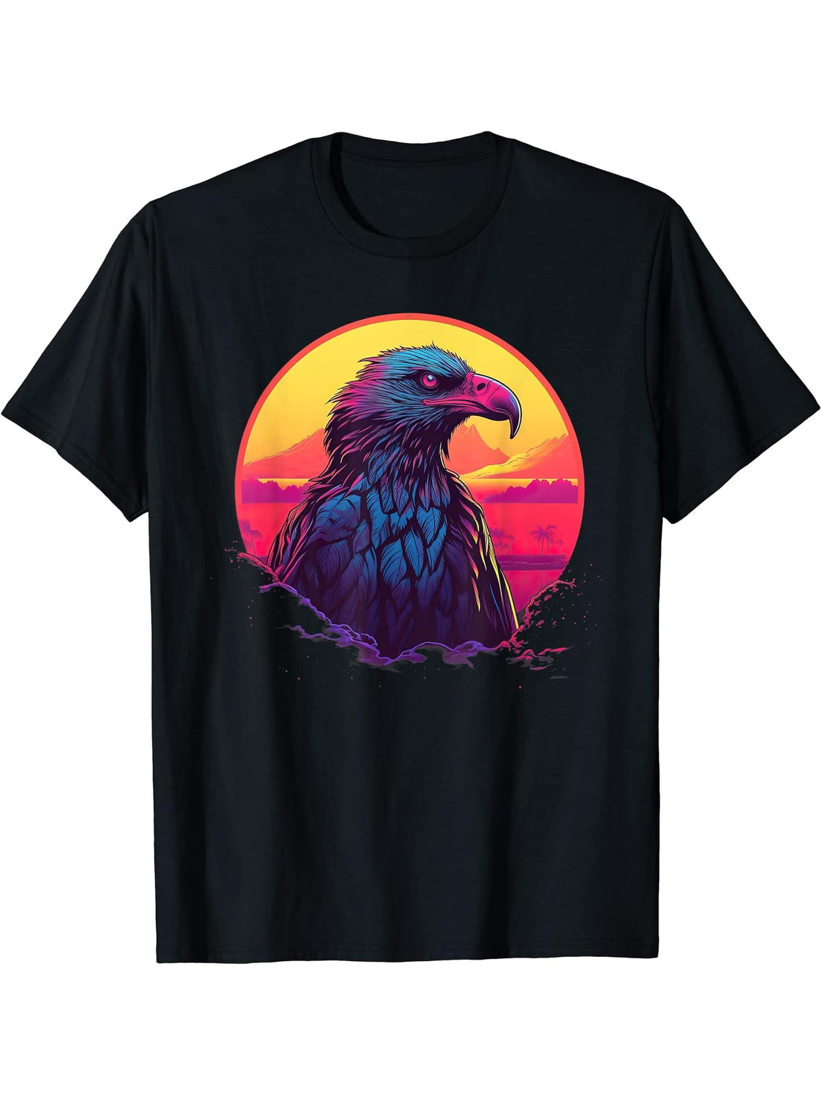 Retro Sunset Bald Eagle T-Shirt 180G 100% Cotton Printed Round Neck Short-Sleeve T-Shirt, Gifts for Men Dad Husband Grandpa, S-XXXL, Black