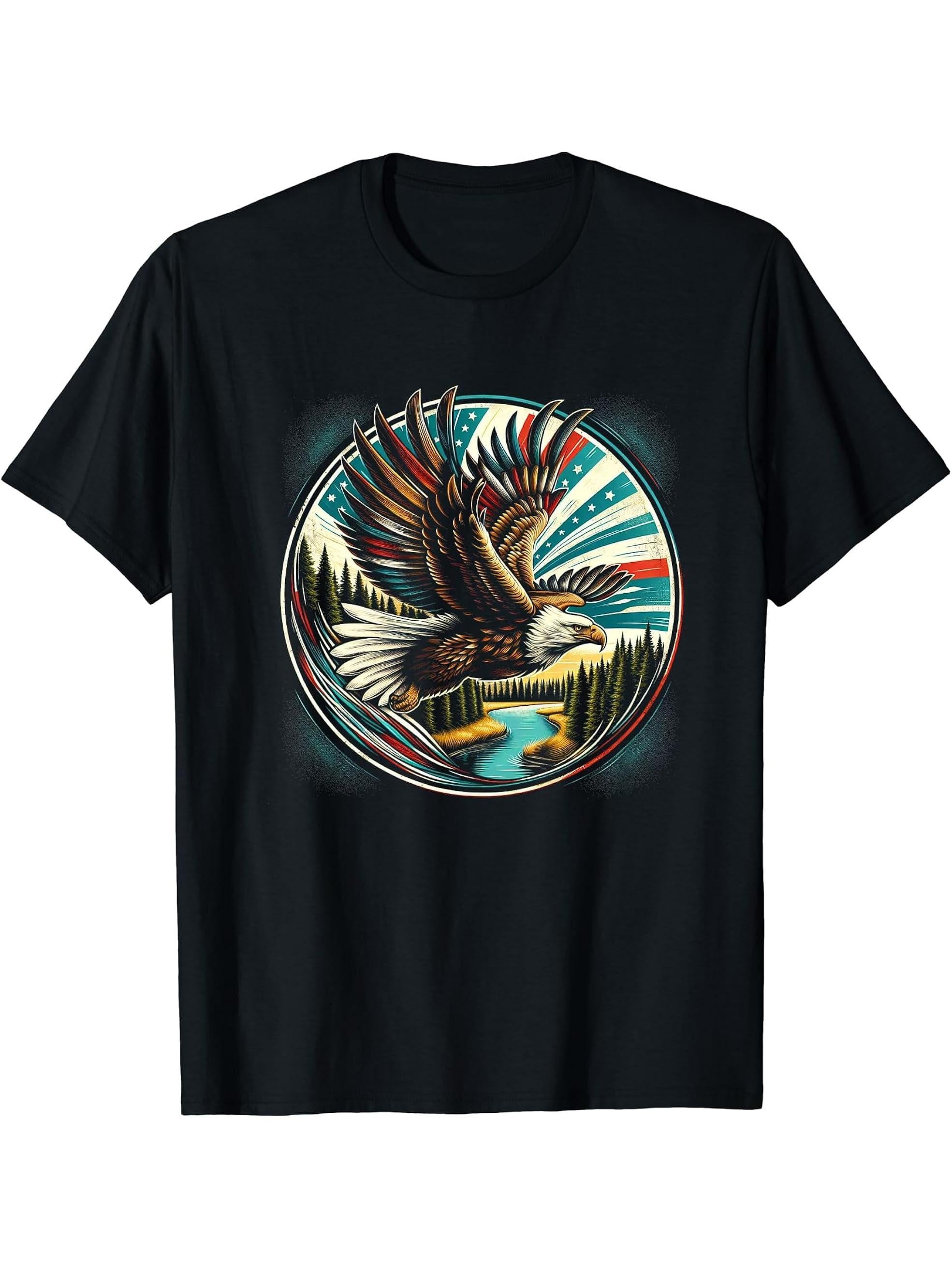 Majestic Bald Eagle Soaring Design T-Shirt 180G 100% Cotton Printed Round Neck Short-Sleeve T-Shirt, Gifts for Men Dad Husband Grandpa, S-XXXL, Black