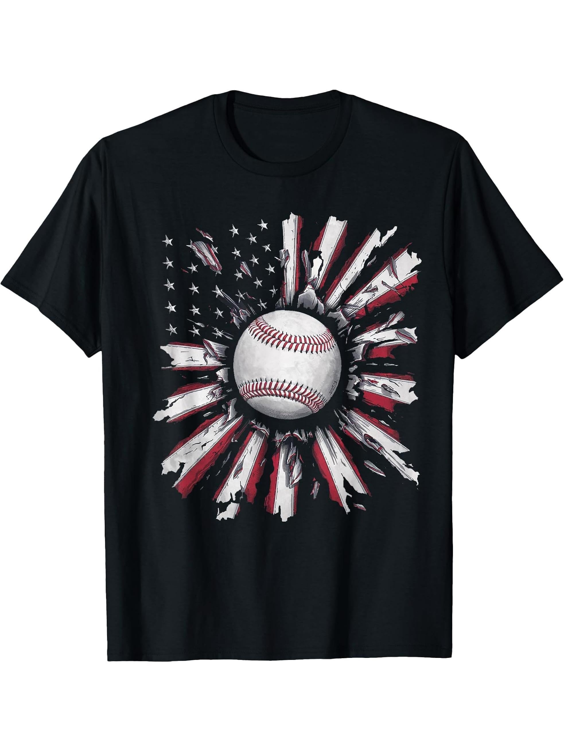 American Flag Baseball Player Bat Fan Catcher Pitcher USA T-Shirt 180G 100% Cotton Printed Round Neck Short-Sleeve T-Shirt, Gifts for Men Dad Husband Grandpa, S-XXXL, Black