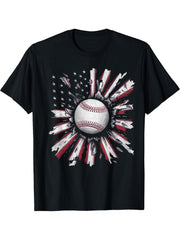 American Flag Baseball Player Bat Fan Catcher Pitcher USA T-Shirt 180G 100% Cotton Printed Round Neck Short-Sleeve T-Shirt, Gifts for Men Dad Husband Grandpa, S-XXXL, Black