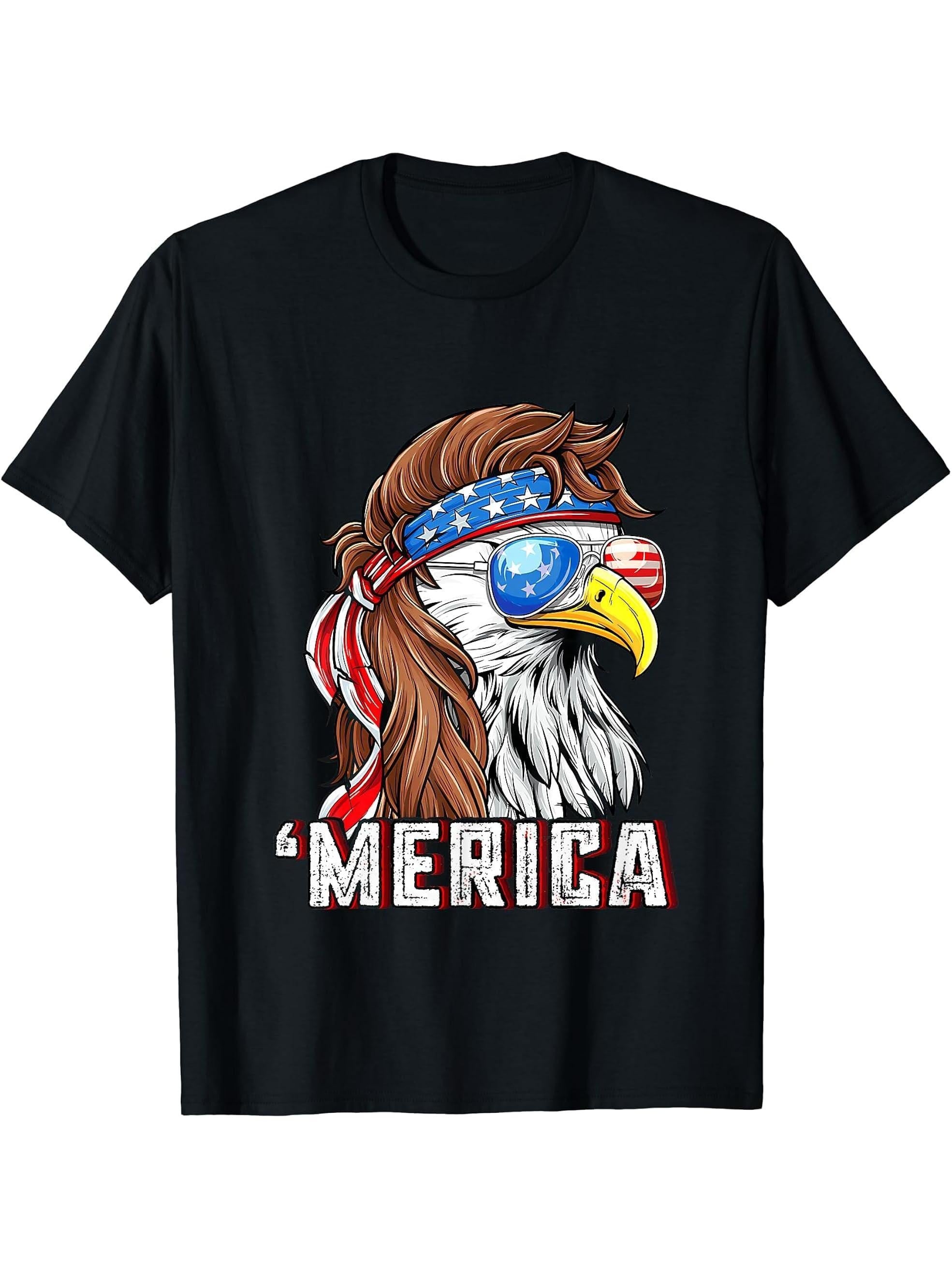 Merica Usa American Flag Patriotic 4Th Of July Bald Eagle T-Shirt 180G 100% Cotton Printed Round Neck Short-Sleeve T-Shirt, Gifts for Men Dad Husband Grandpa, S-XXXL, Black