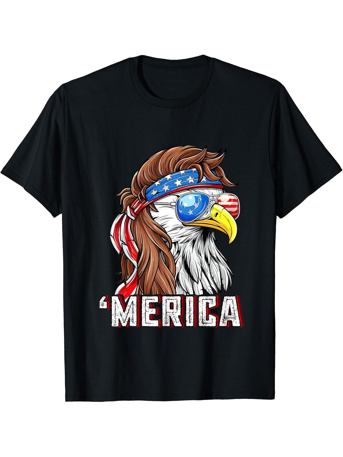Merica Usa American Flag Patriotic 4Th Of July Bald Eagle T-Shirt 180G 100% Cotton Printed Round Neck Short-Sleeve T-Shirt, Gifts for Men Dad Husband Grandpa, S-XXXL, Black
