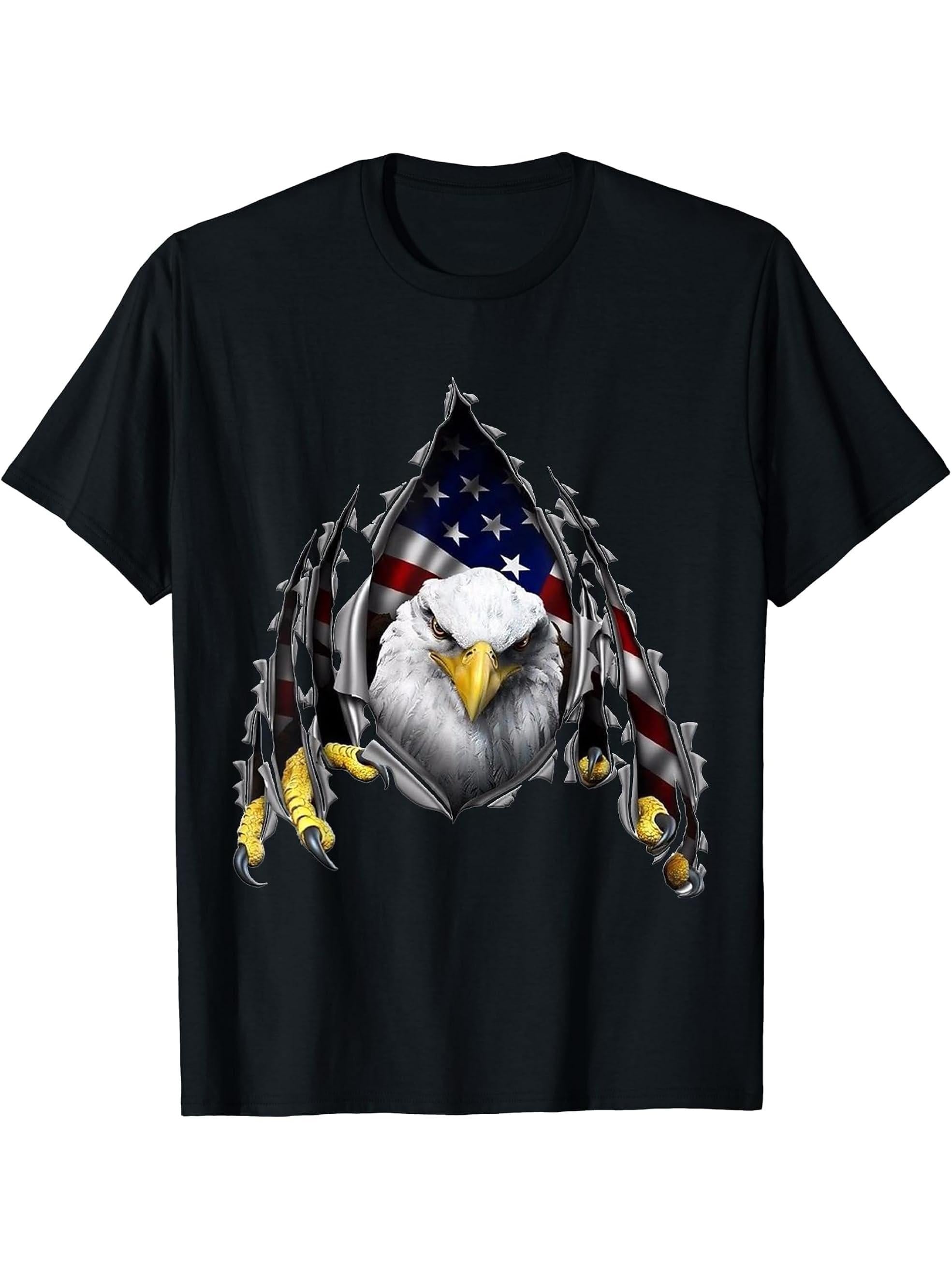 USA Flag Bald Eagle American Flag 4th Of July T-Shirt 180G 100% Cotton Printed Round Neck Short-Sleeve T-Shirt, Gifts for Men Dad Husband Grandpa, S-XXXL, Black