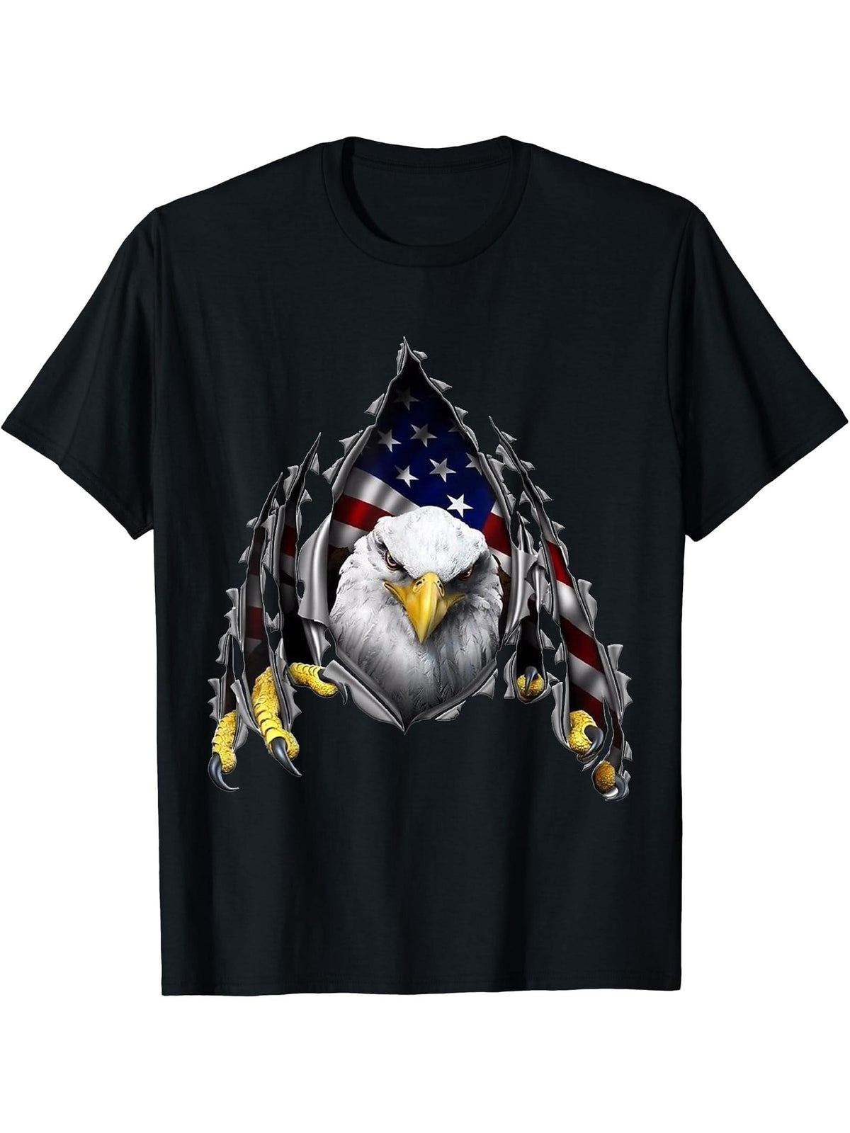 USA Flag Bald Eagle American Flag 4th Of July T-Shirt 180G 100% Cotton Printed Round Neck Short-Sleeve T-Shirt, Gifts for Men Dad Husband Grandpa, S-XXXL, Black