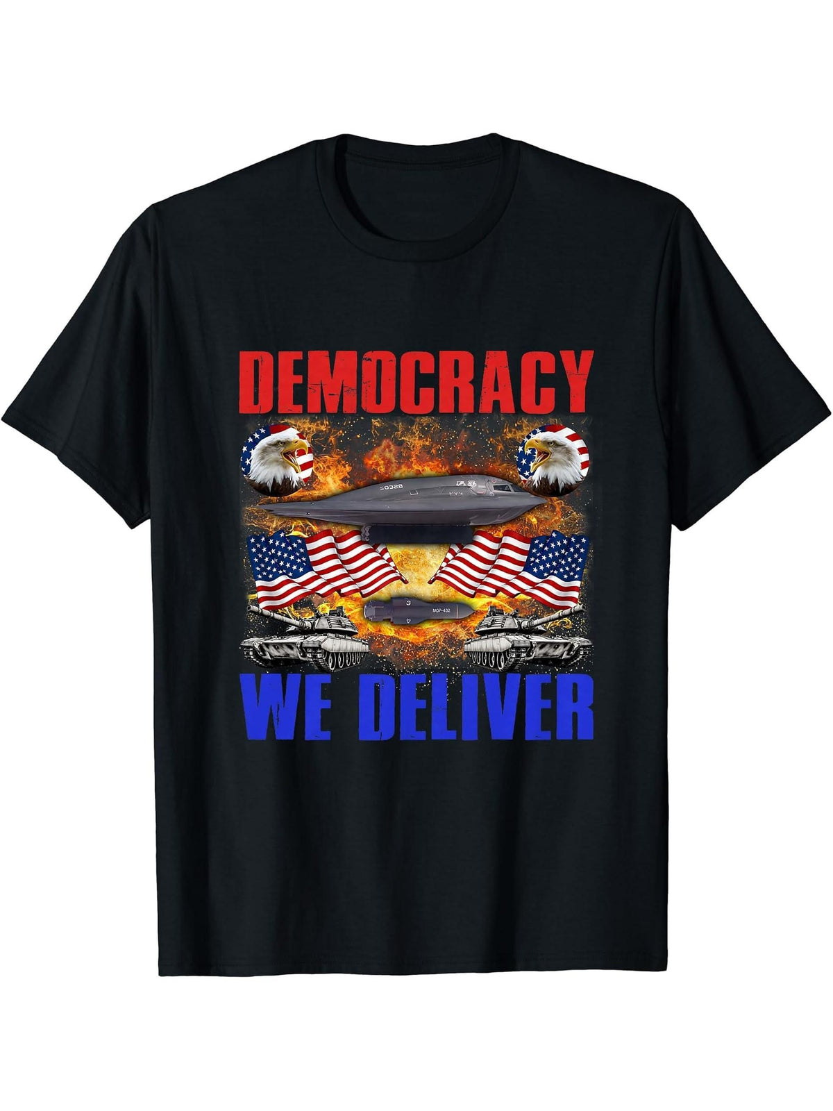 Democracy We Deliver Bald Eagle Military Tank America Flag T-Shirt 180G 100% Cotton Printed Round Neck Short-Sleeve T-Shirt, Gifts for Men Dad Husband Grandpa, S-XXXL, Black