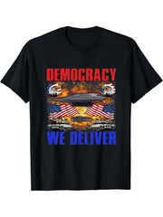 Democracy We Deliver Bald Eagle Military Tank America Flag T-Shirt 180G 100% Cotton Printed Round Neck Short-Sleeve T-Shirt, Gifts for Men Dad Husband Grandpa, S-XXXL, Black