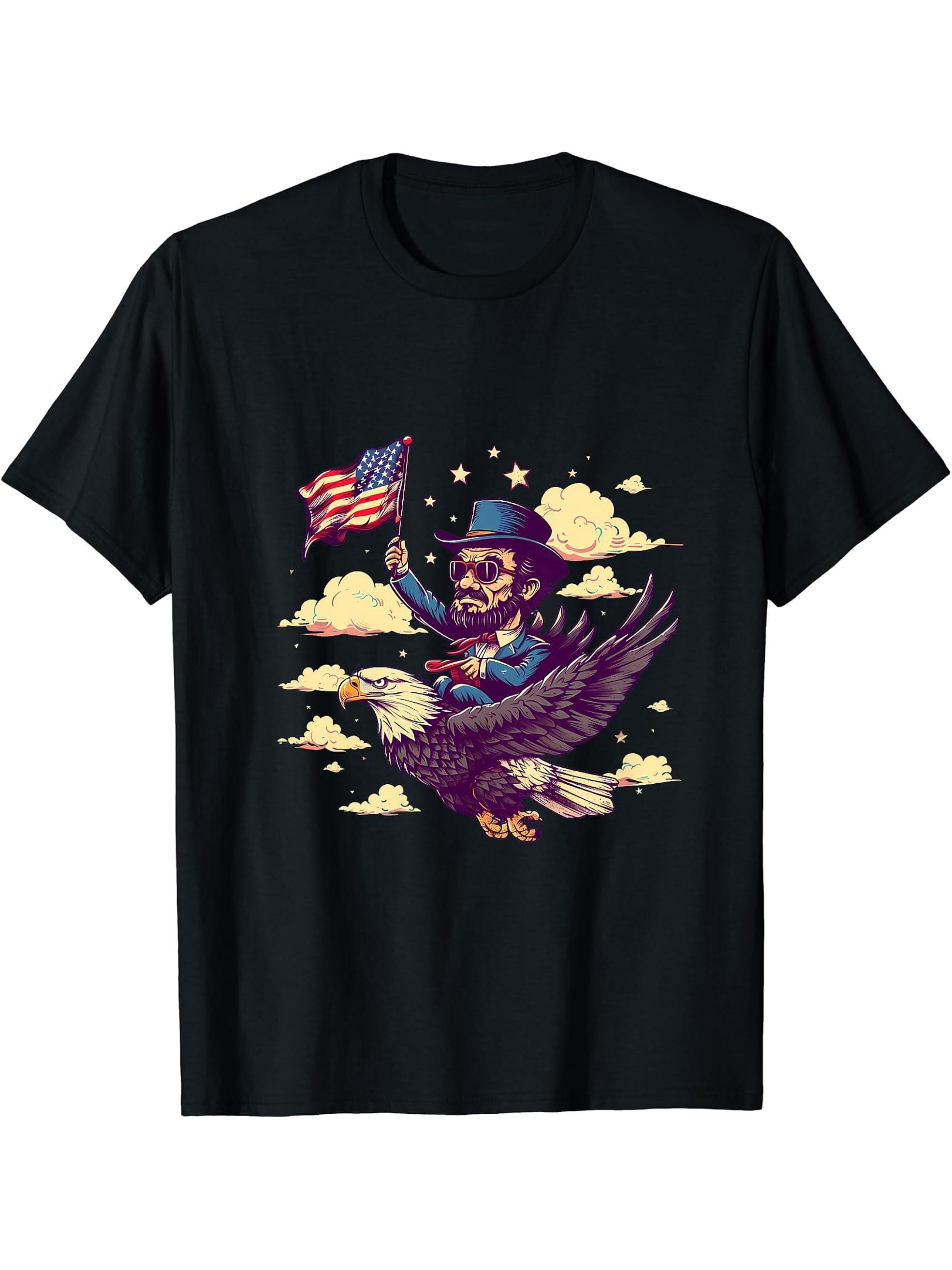 Fourth Of July Bald Eagle Abraham Lincoln 4th Of July USA T-Shirt 180G 100% Cotton Printed Round Neck Short-Sleeve T-Shirt, Gifts for Men Dad Husband Grandpa, S-XXXL, Black