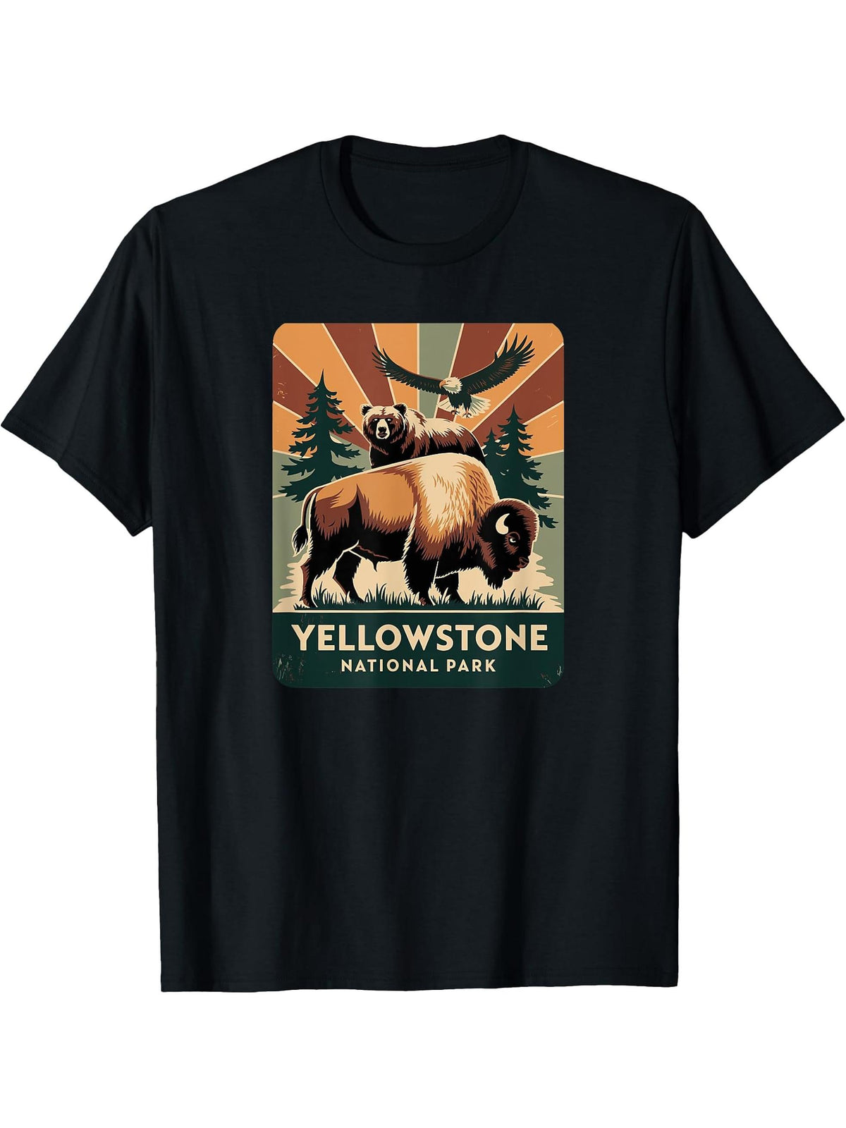 Yellowstone National Park Buffalo bald eagle Grizzly Bear T-Shirt 180G 100% Cotton Printed Round Neck Short-Sleeve T-Shirt, Gifts for Men Dad Husband Grandpa, S-XXXL, Black