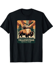 Yellowstone National Park Buffalo bald eagle Grizzly Bear T-Shirt 180G 100% Cotton Printed Round Neck Short-Sleeve T-Shirt, Gifts for Men Dad Husband Grandpa, S-XXXL, Black
