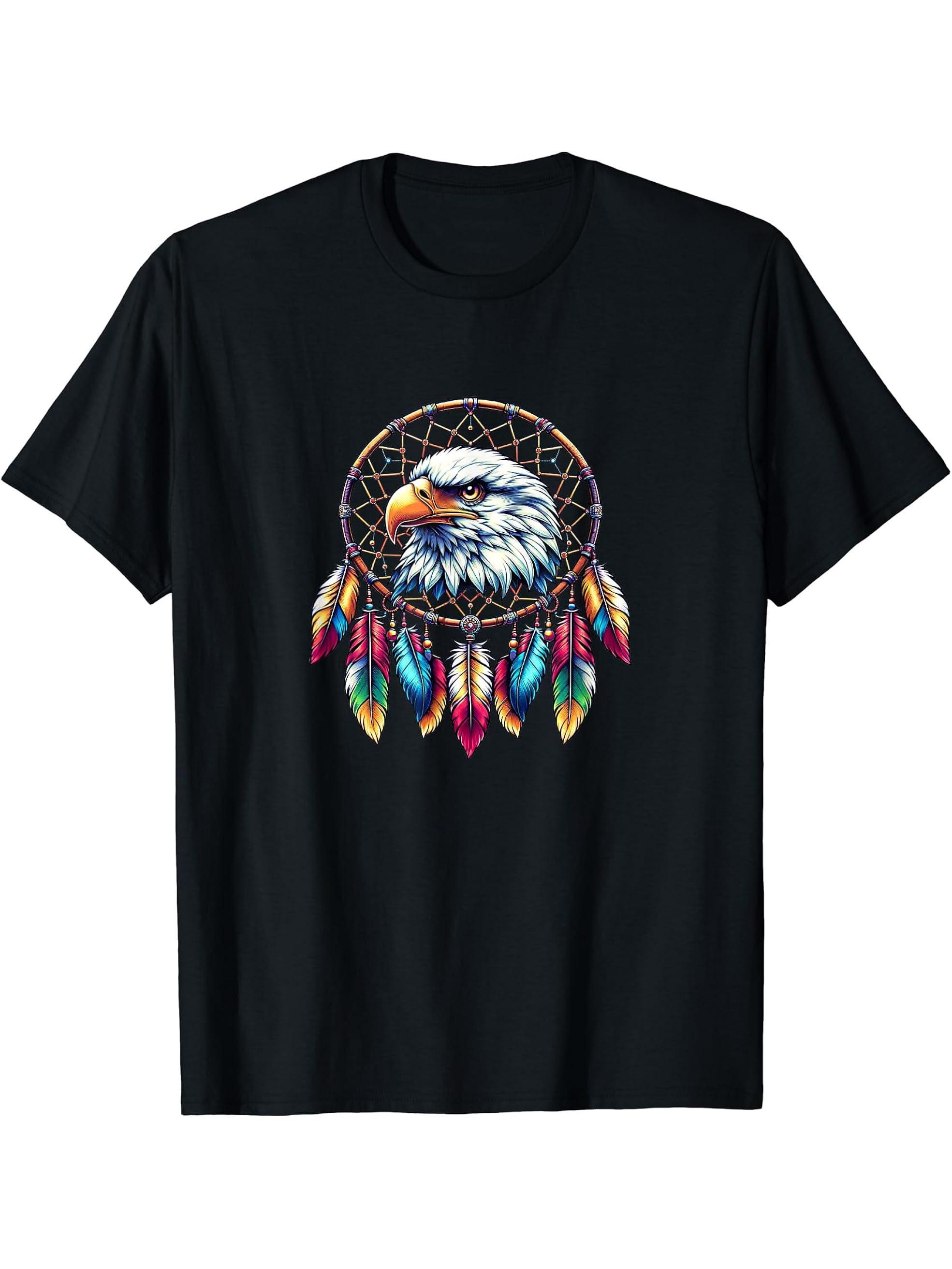 Bald Eagle Dream Catcher - Native American Dreamcatcher - T-Shirt 180G 100% Cotton Printed Round Neck Short-Sleeve T-Shirt, Gifts for Men Dad Husband Grandpa, S-XXXL, Black
