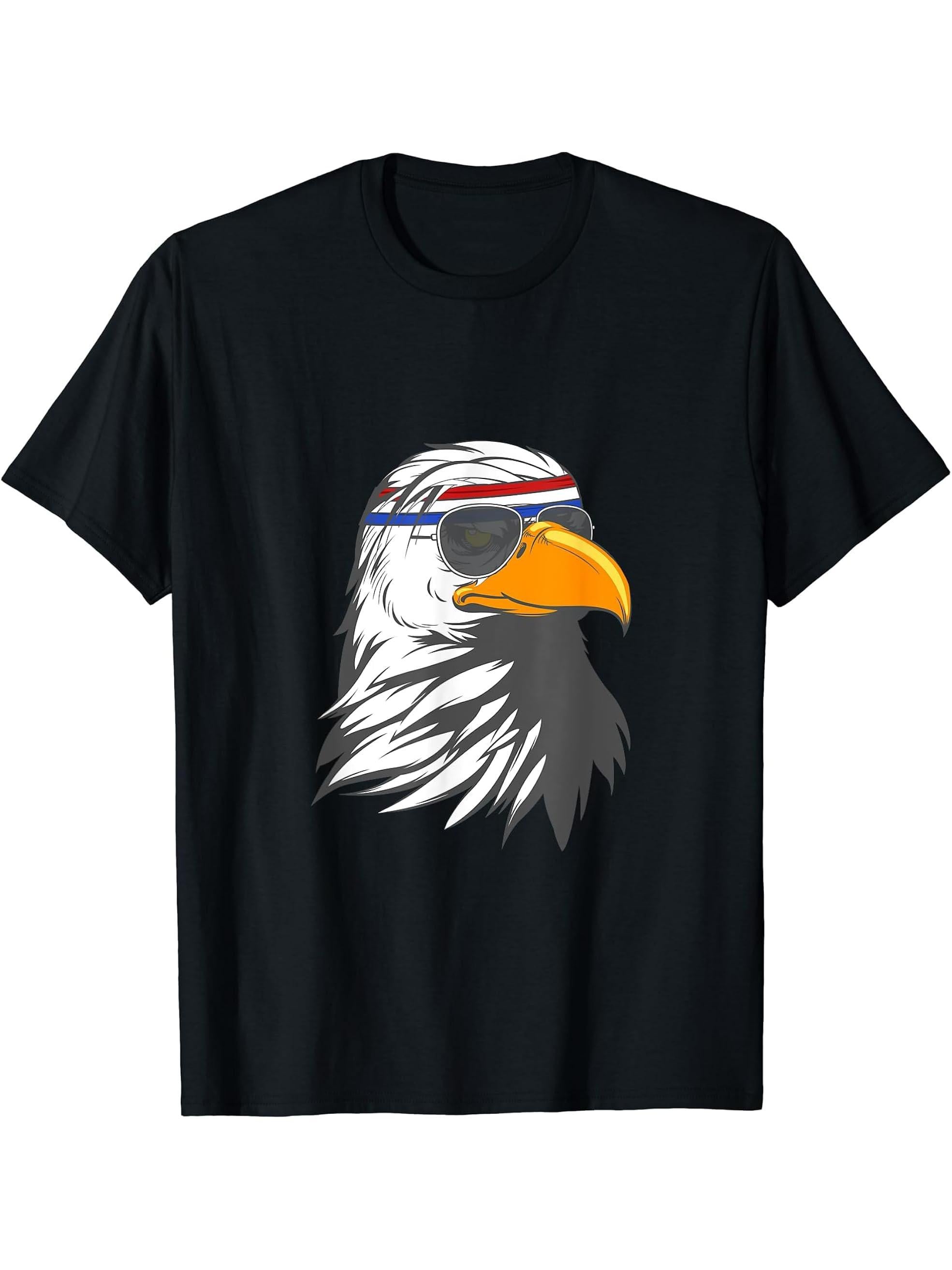 Patriotic Head Sweat Band Bald Eagle T-Shirt 180G 100% Cotton Printed Round Neck Short-Sleeve T-Shirt, Gifts for Men Dad Husband Grandpa, S-XXXL, Black