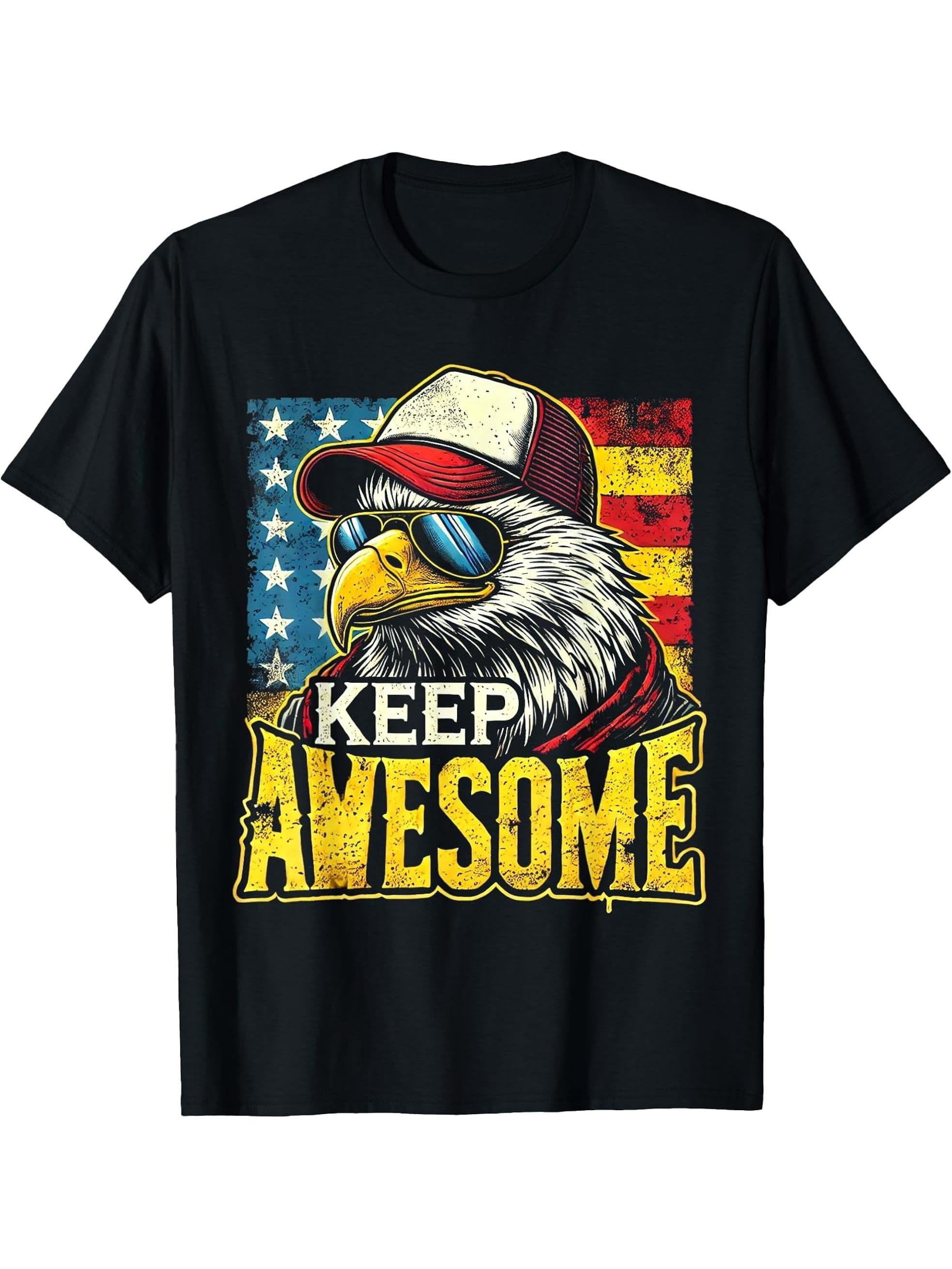 Vintage Retro American Flag Cool Bald Eagle Keep Awesome T-Shirt 180G 100% Cotton Printed Round Neck Short-Sleeve T-Shirt, Gifts for Men Dad Husband Grandpa, S-XXXL, Black