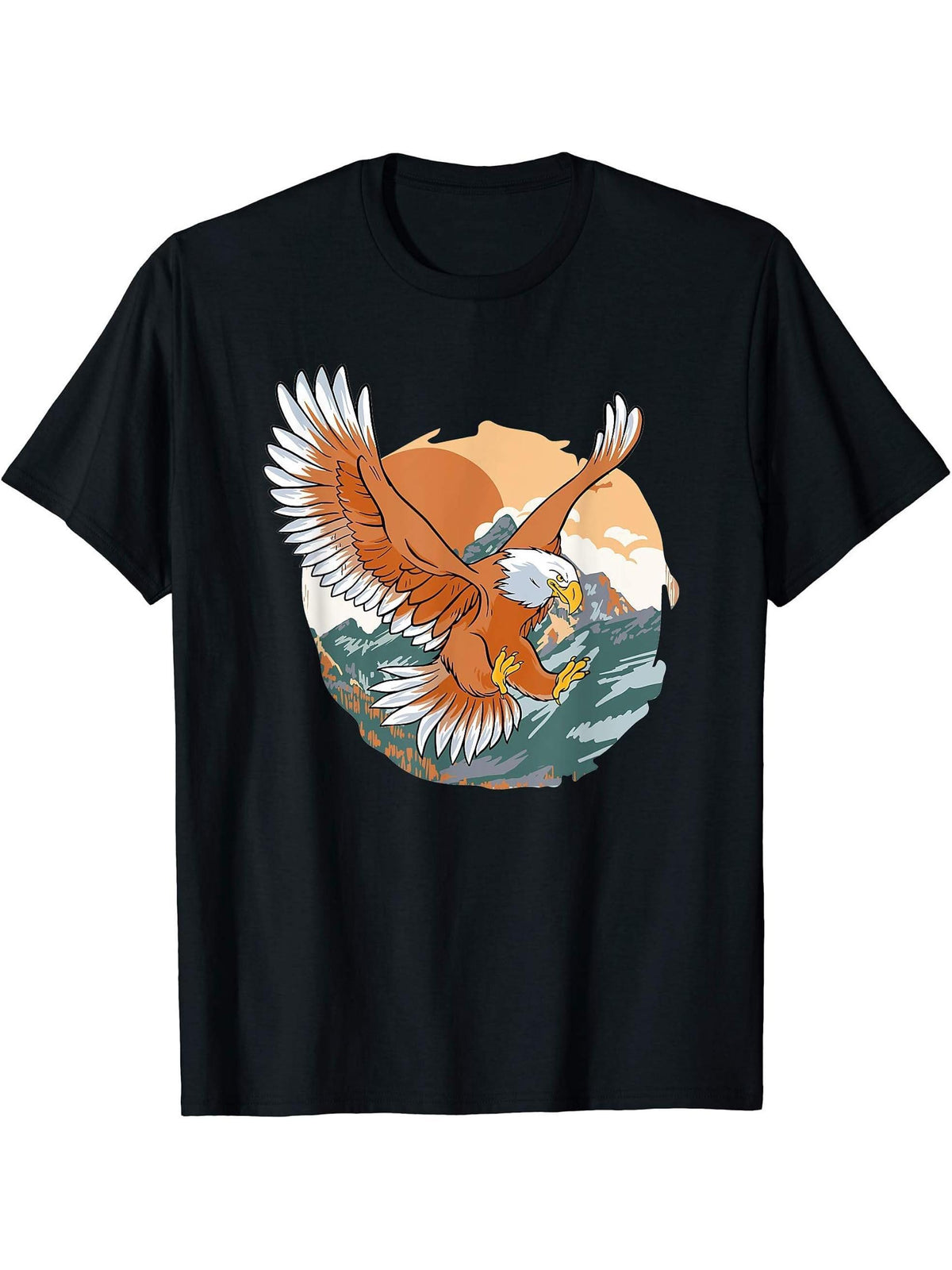 Flying American Bald Eagle T-Shirt 180G 100% Cotton Printed Round Neck Short-Sleeve T-Shirt, Gifts for Men Dad Husband Grandpa, S-XXXL, Black