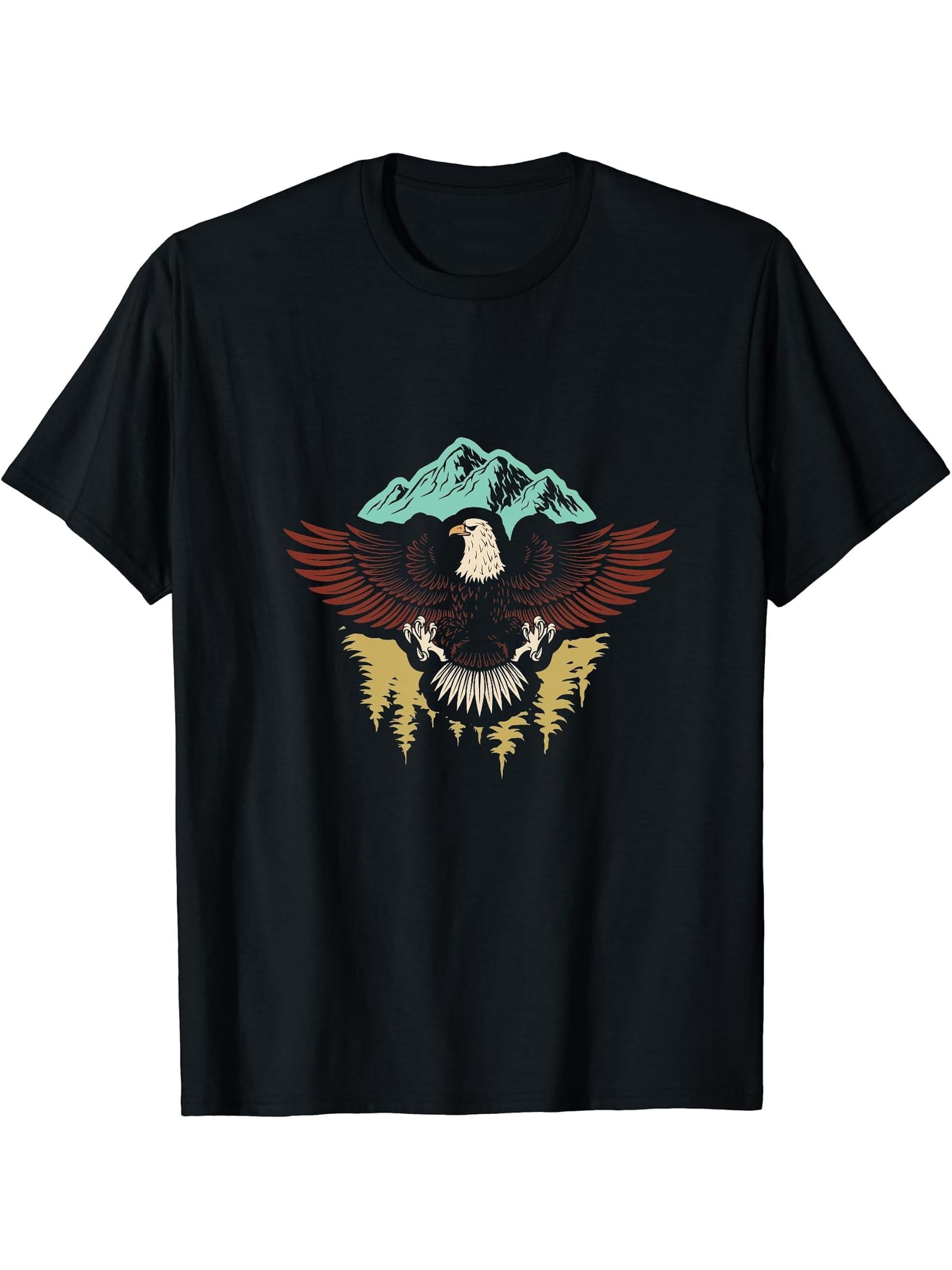 Majestic Flying American Bald Eagle T-Shirt 180G 100% Cotton Printed Round Neck Short-Sleeve T-Shirt, Gifts for Men Dad Husband Grandpa, S-XXXL, Black