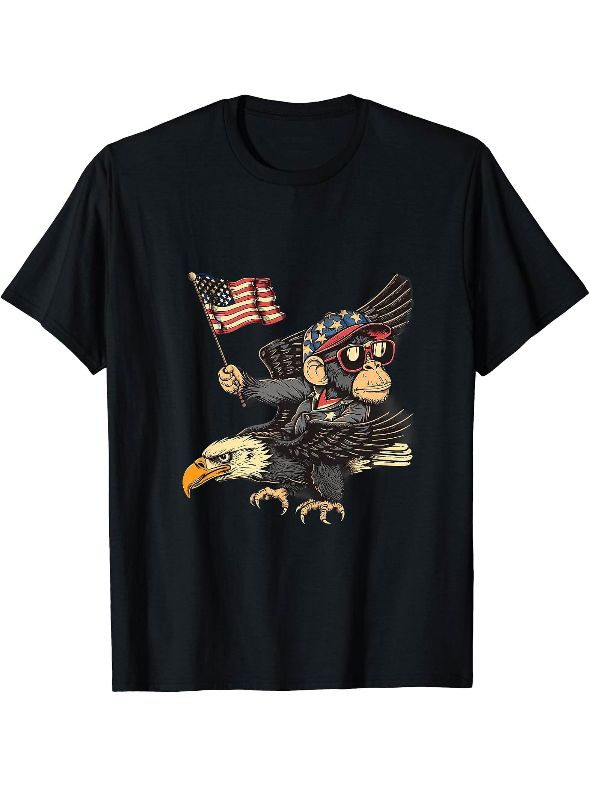Fourth Of July Bald Eagle Monkey Patriotic American Flag USA T-Shirt 180G 100% Cotton Printed Round Neck Short-Sleeve T-Shirt, Gifts for Men Dad Husband Grandpa, S-XXXL, Black