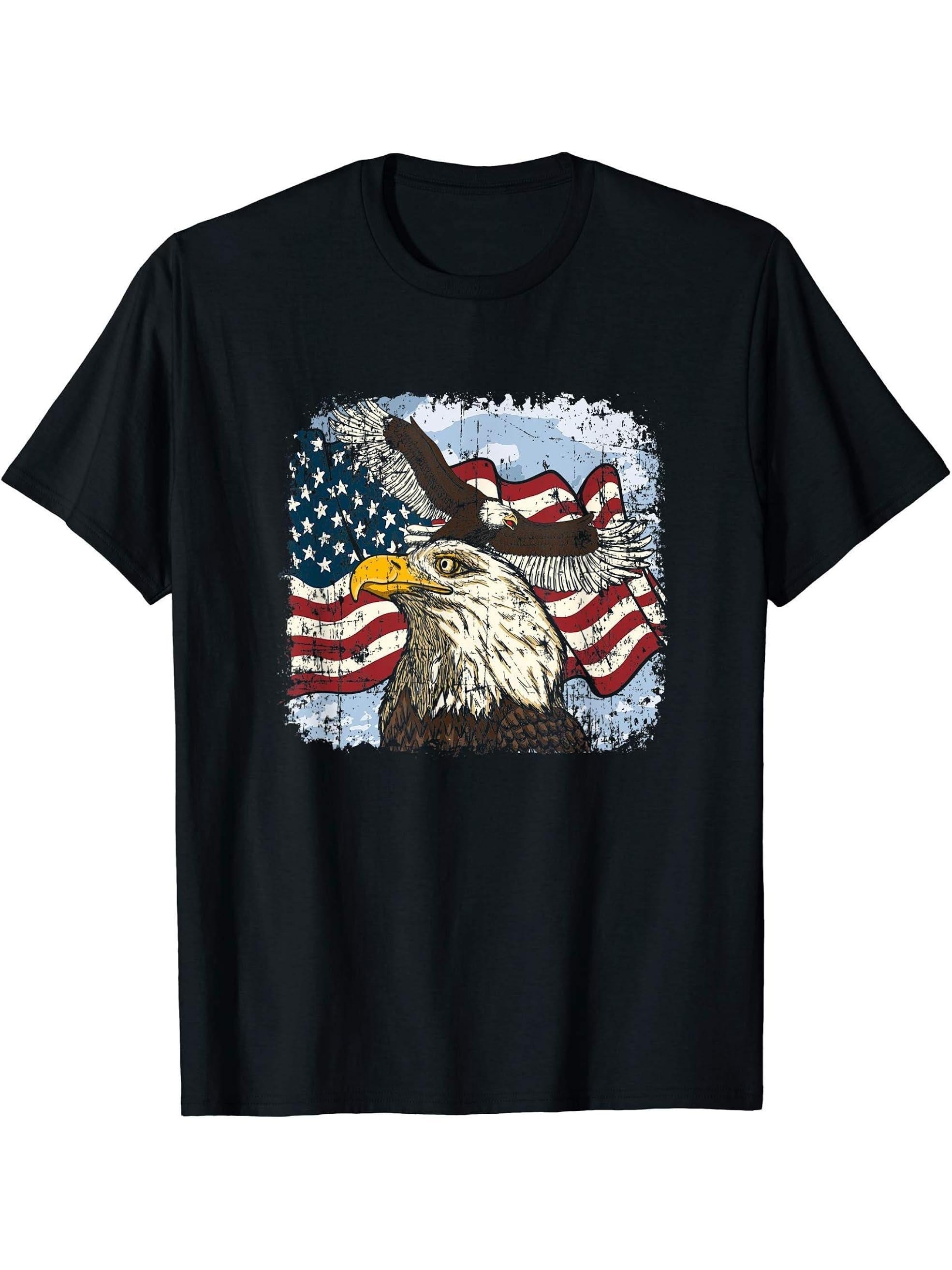 Vintage American Bald Eagle Flag American Bald Eagle T-Shirt 180G 100% Cotton Printed Round Neck Short-Sleeve T-Shirt, Gifts for Men Dad Husband Grandpa, S-XXXL, Black