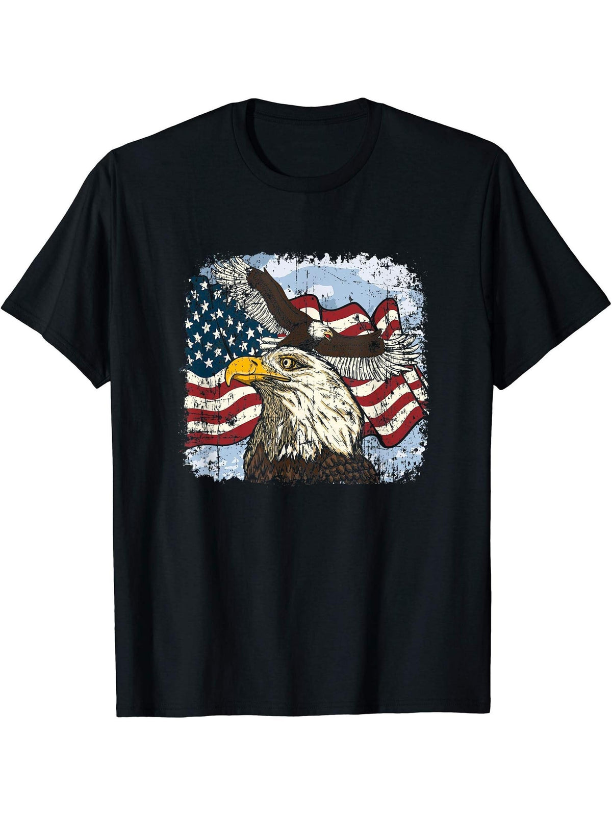 Vintage American Bald Eagle Flag American Bald Eagle T-Shirt 180G 100% Cotton Printed Round Neck Short-Sleeve T-Shirt, Gifts for Men Dad Husband Grandpa, S-XXXL, Black