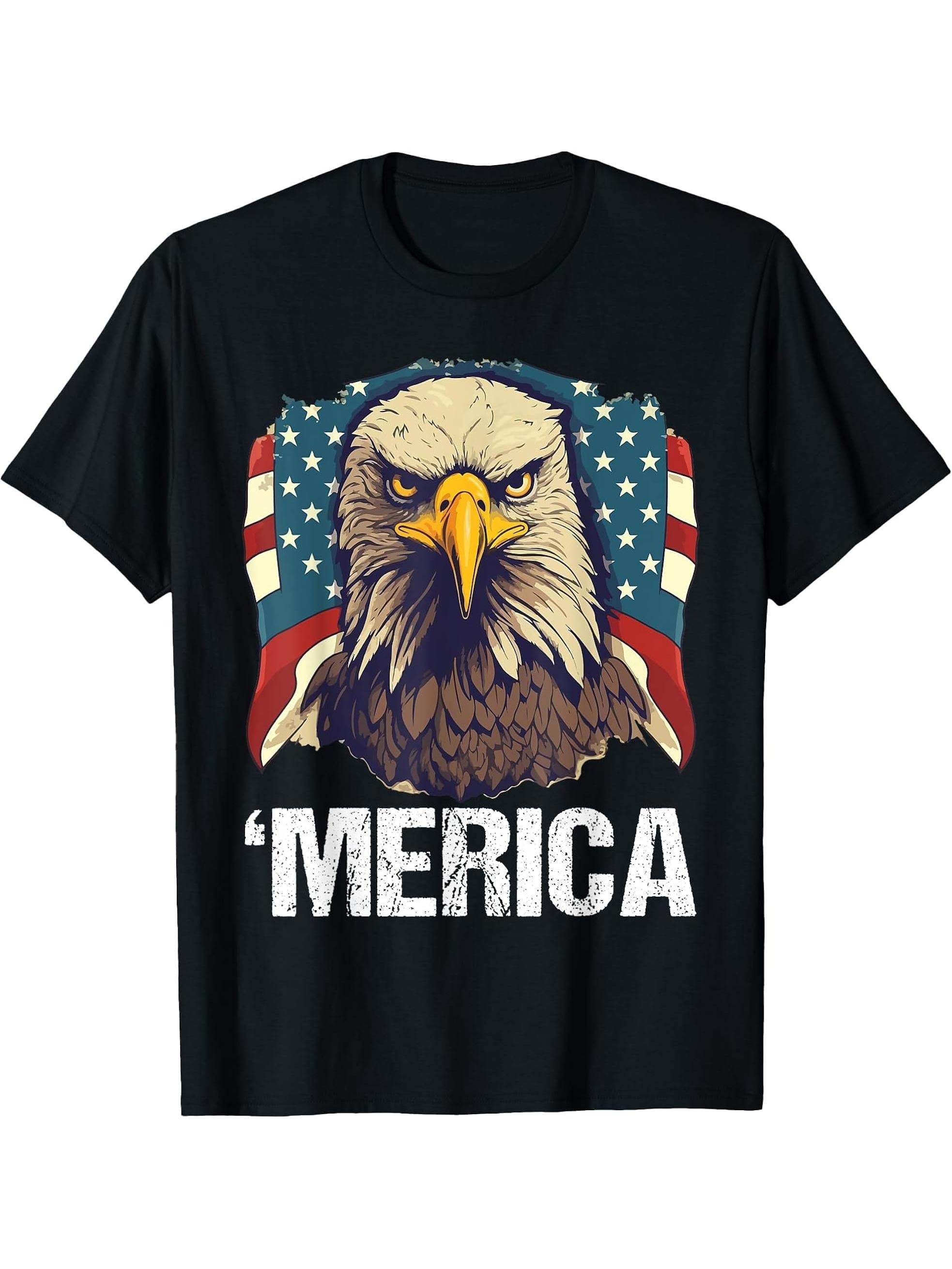 Merica USA American Flag Patriotic 4th of July Bald Eagle T-Shirt 180G 100% Cotton Printed Round Neck Short-Sleeve T-Shirt, Gifts for Men Dad Husband Grandpa, S-XXXL, Black