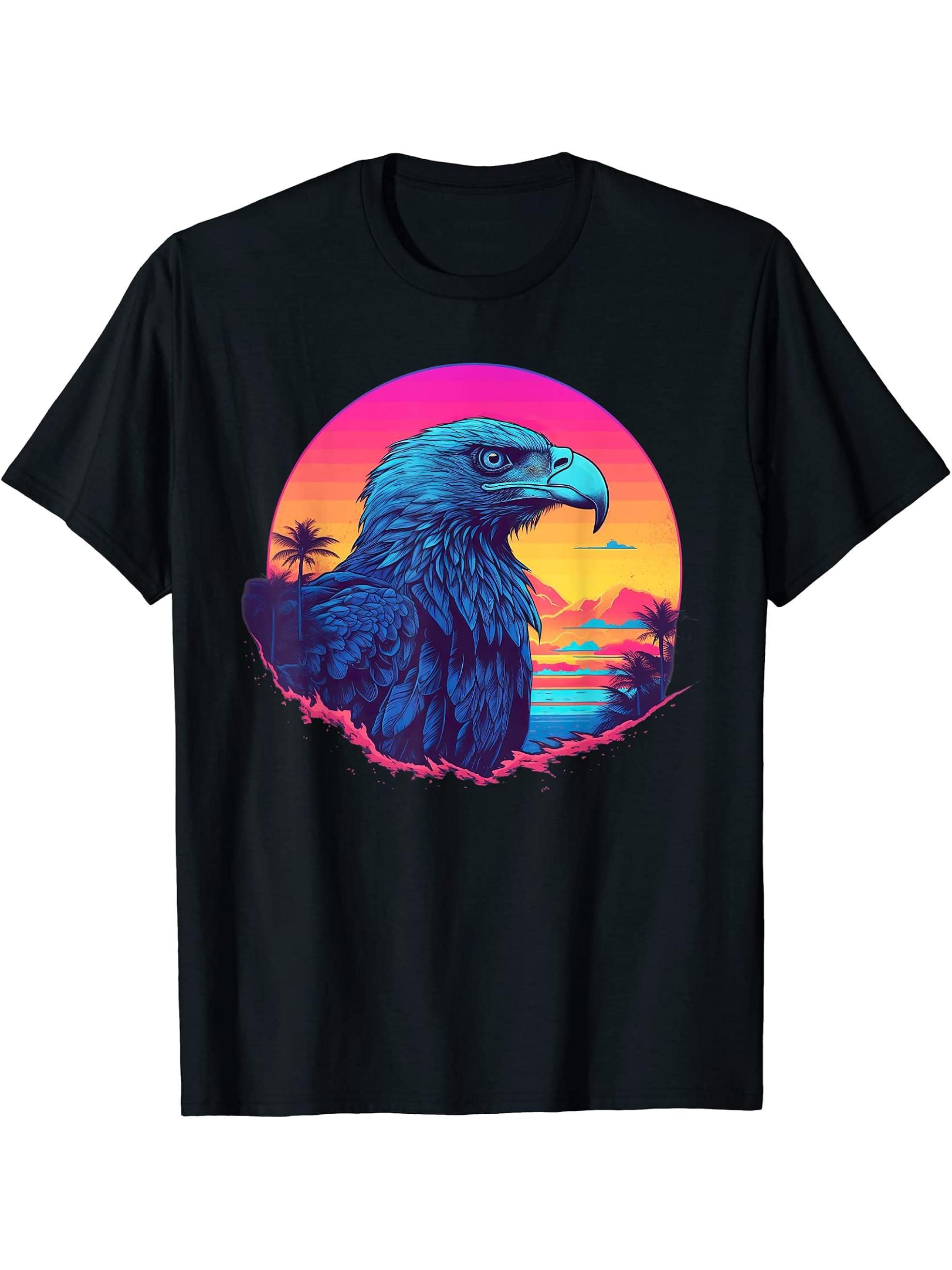 Retro Sunset Bald Eagle T-Shirt 180G 100% Cotton Printed Round Neck Short-Sleeve T-Shirt, Gifts for Men Dad Husband Grandpa, S-XXXL, Black