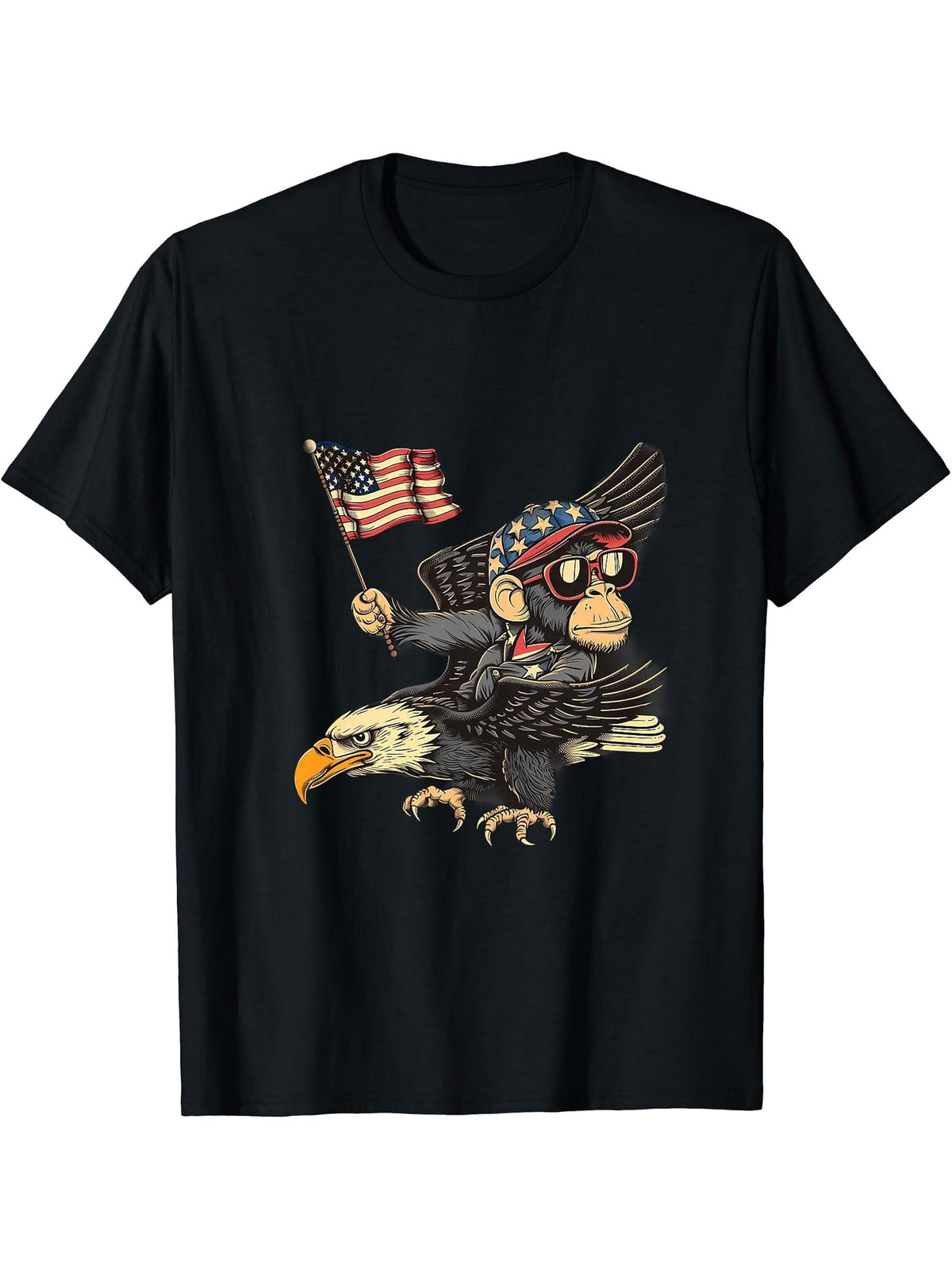 Fourth Of July Bald Eagle Monkey Patriotic American Flag USA T-Shirt 180G 100% Cotton Printed Round Neck Short-Sleeve T-Shirt, Gifts for Men Dad Husband Grandpa, S-XXXL, Black