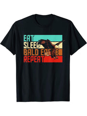 Vintage Eat Sleep Repeat Bald Eagle T-Shirt 180G 100% Cotton Printed Round Neck Short-Sleeve T-Shirt, Gifts for Men Dad Husband Grandpa, S-XXXL, Black