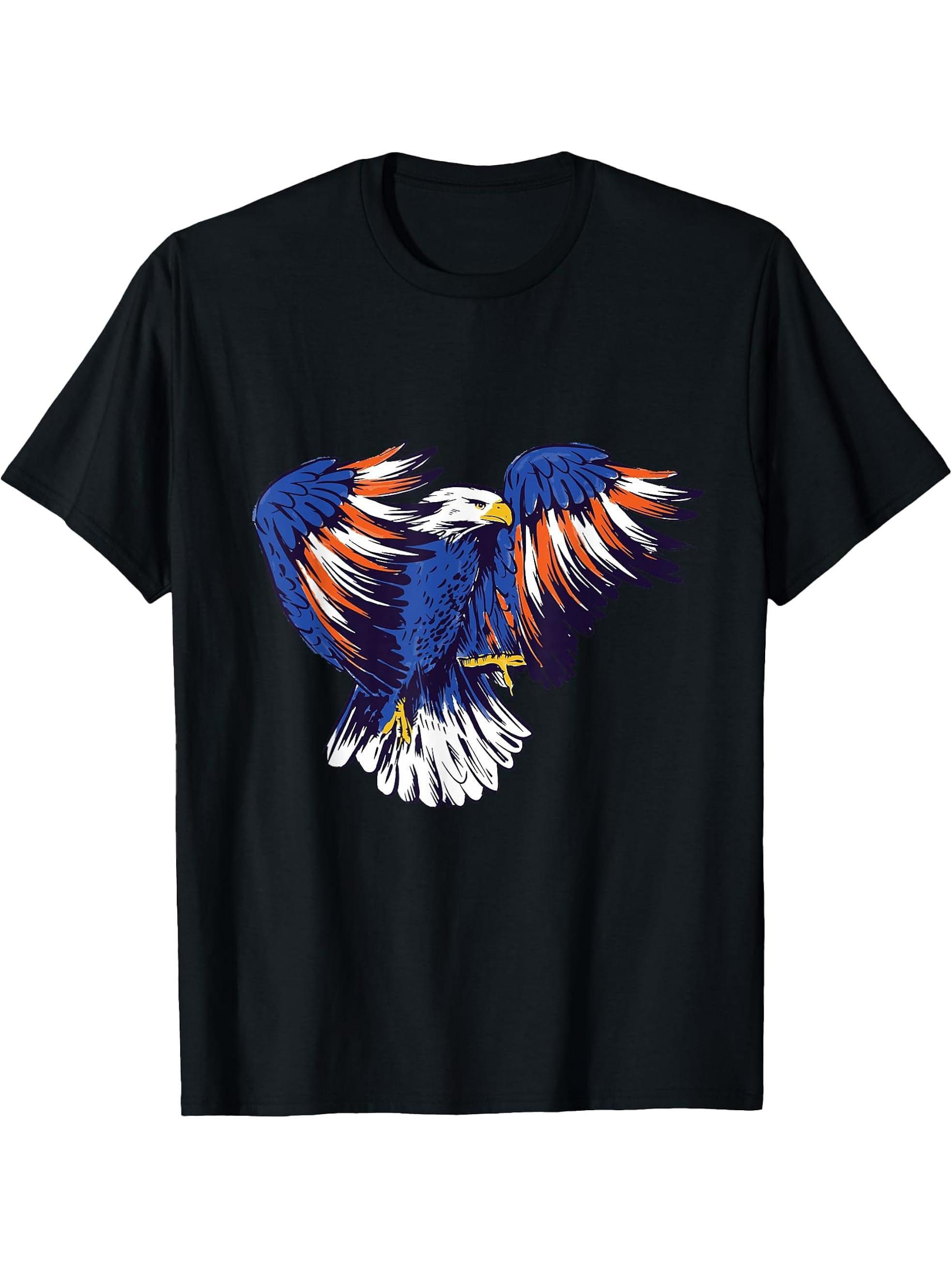 Bald Eagle American Flag Colors 4th of July USA Graphic T-Shirt 180G 100% Cotton Printed Round Neck Short-Sleeve T-Shirt, Gifts for Men Dad Husband Grandpa, S-XXXL, Black