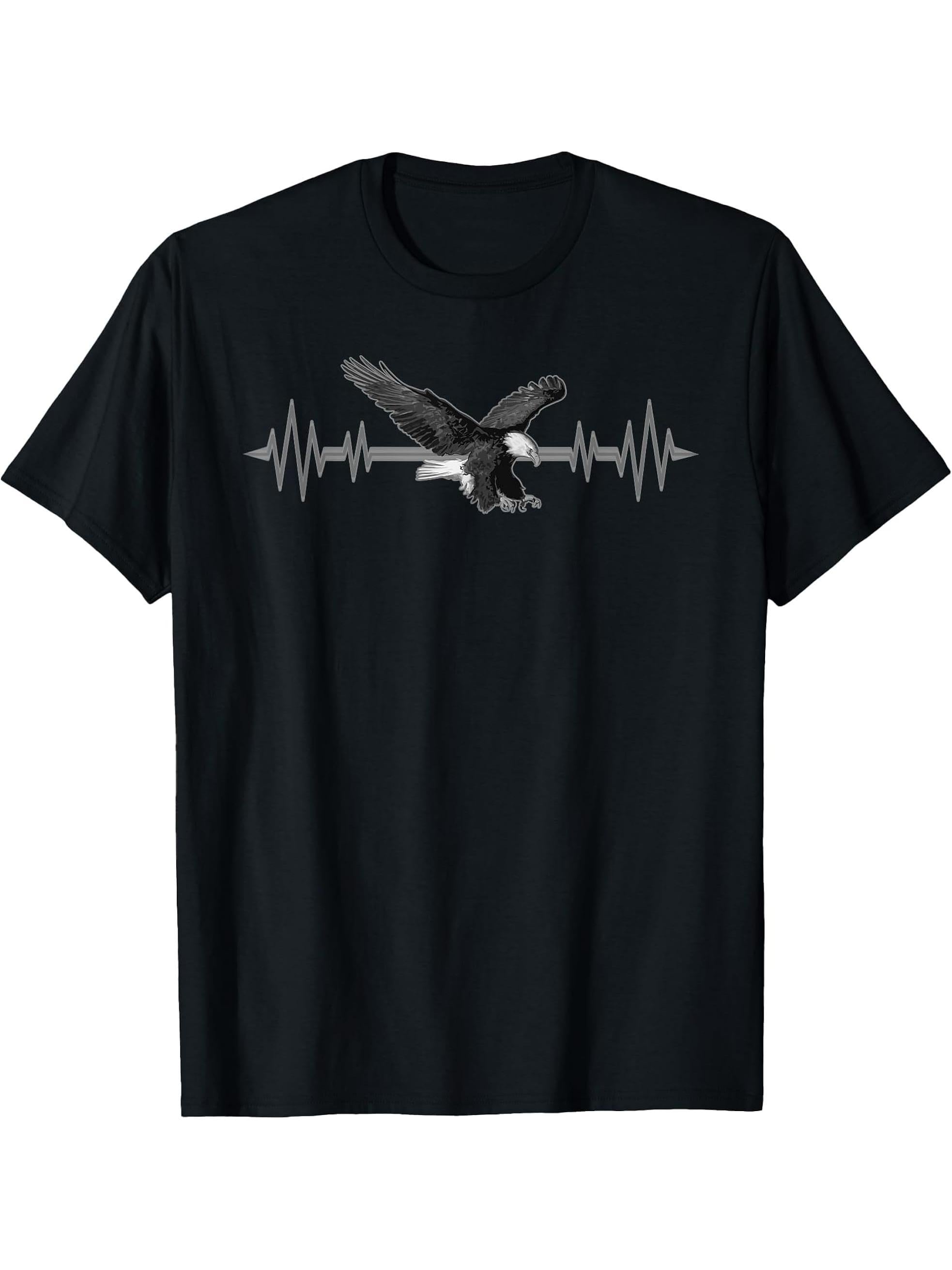 Great USA Eagle Heartbeat Funny American Bird Gift Men Women T-Shirt 180G 100% Cotton Printed Round Neck Short-Sleeve T-Shirt, Gifts for Men Dad Husband Grandpa, S-XXXL, Black