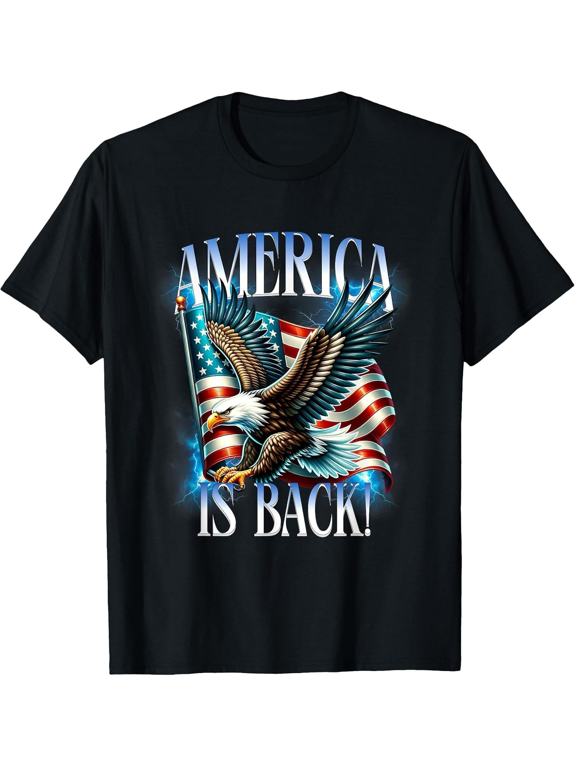 Patriotic Eagle with American Flag USA America is Back T-Shirt 180G 100% Cotton Printed Round Neck Short-Sleeve T-Shirt, Gifts for Men Dad Husband Grandpa, S-XXXL, Black