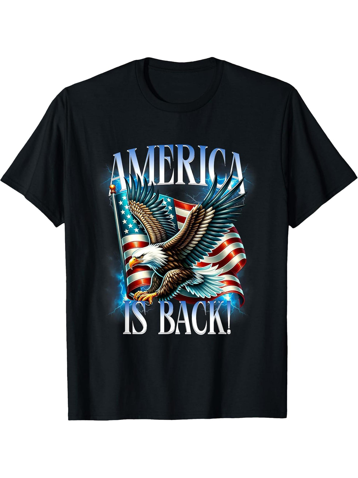 Patriotic Eagle with American Flag USA America is Back T-Shirt 180G 100% Cotton Printed Round Neck Short-Sleeve T-Shirt, Gifts for Men Dad Husband Grandpa, S-XXXL, Black