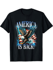 Patriotic Eagle with American Flag USA America is Back T-Shirt 180G 100% Cotton Printed Round Neck Short-Sleeve T-Shirt, Gifts for Men Dad Husband Grandpa, S-XXXL, Black