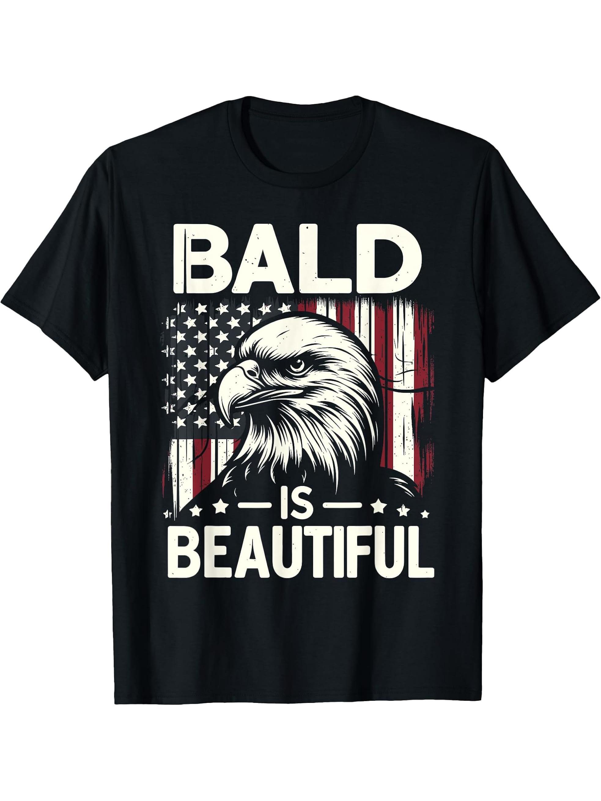 Bald Is Beautiful 4th of July Bald Eagle Independence Day T-Shirt 180G 100% Cotton Printed Round Neck Short-Sleeve T-Shirt, Gifts for Men Dad Husband Grandpa, S-XXXL, Black