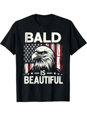 Bald Is Beautiful 4th of July Bald Eagle Independence Day T-Shirt 180G 100% Cotton Printed Round Neck Short-Sleeve T-Shirt, Gifts for Men Dad Husband Grandpa, S-XXXL, Black