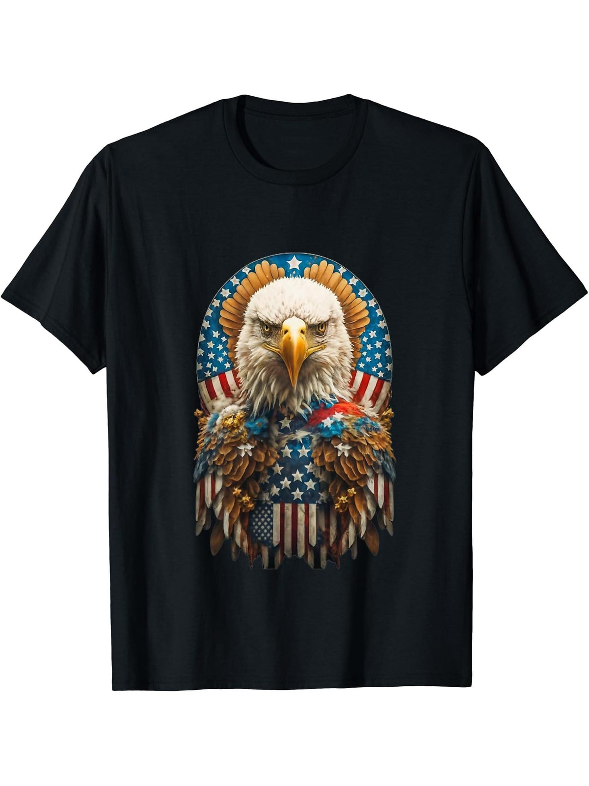 Bald Eagle US American Flag 4th Of July Proud Patriotic T-Shirt 180G 100% Cotton Printed Round Neck Short-Sleeve T-Shirt, Gifts for Men Dad Husband Grandpa, S-XXXL, Black