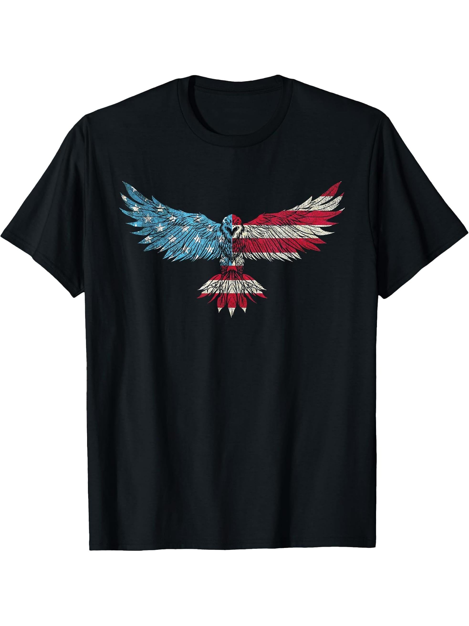 Patriotic USA American Flag Bald Eagle Silhouette T-Shirt 180G 100% Cotton Printed Round Neck Short-Sleeve T-Shirt, Gifts for Men Dad Husband Grandpa, S-XXXL, Black