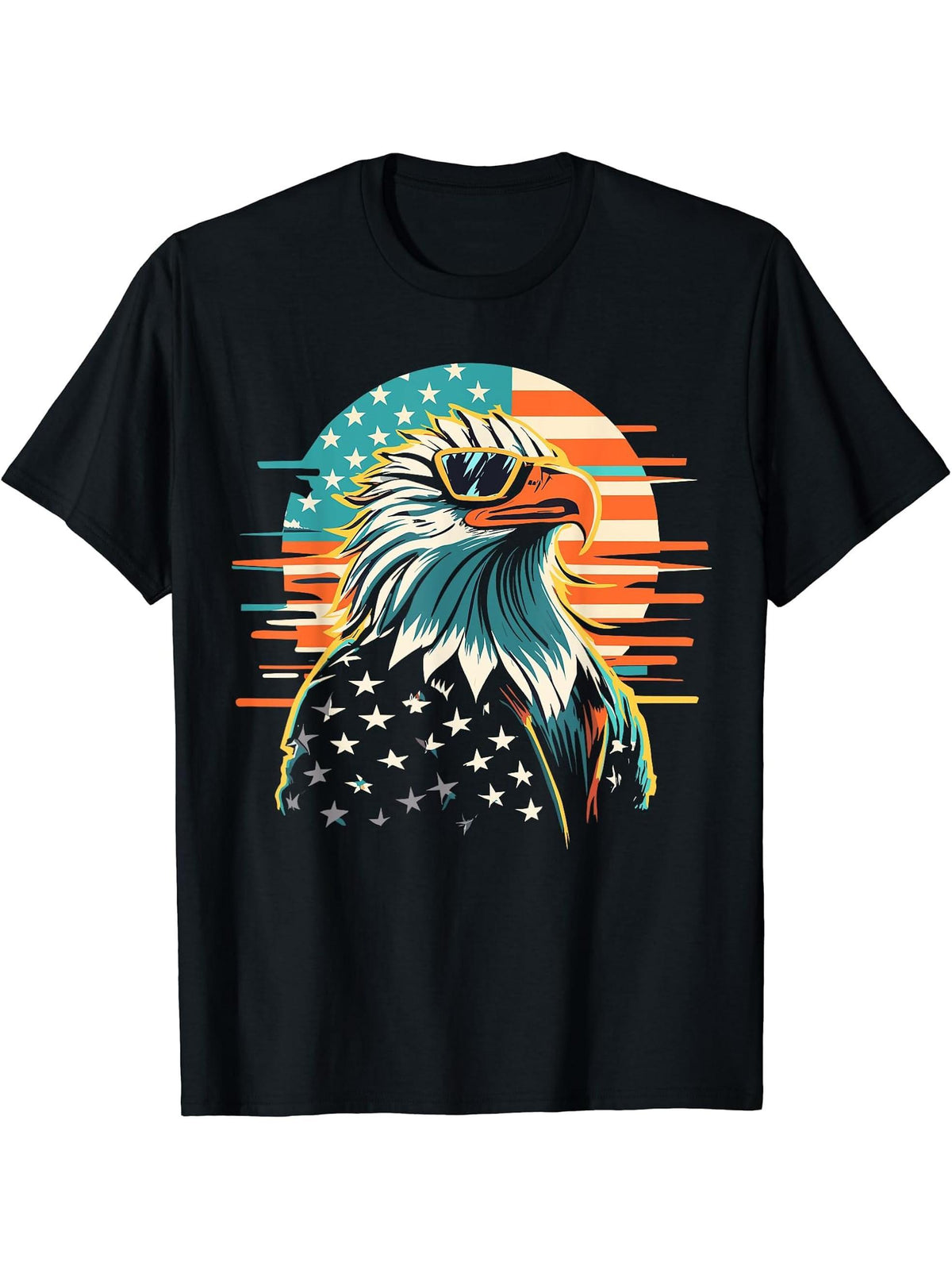 Vintage Eagle with Sunglasses - Retro American Bald Eagle T-Shirt 180G 100% Cotton Printed Round Neck Short-Sleeve T-Shirt, Gifts for Men Dad Husband Grandpa, S-XXXL, Black