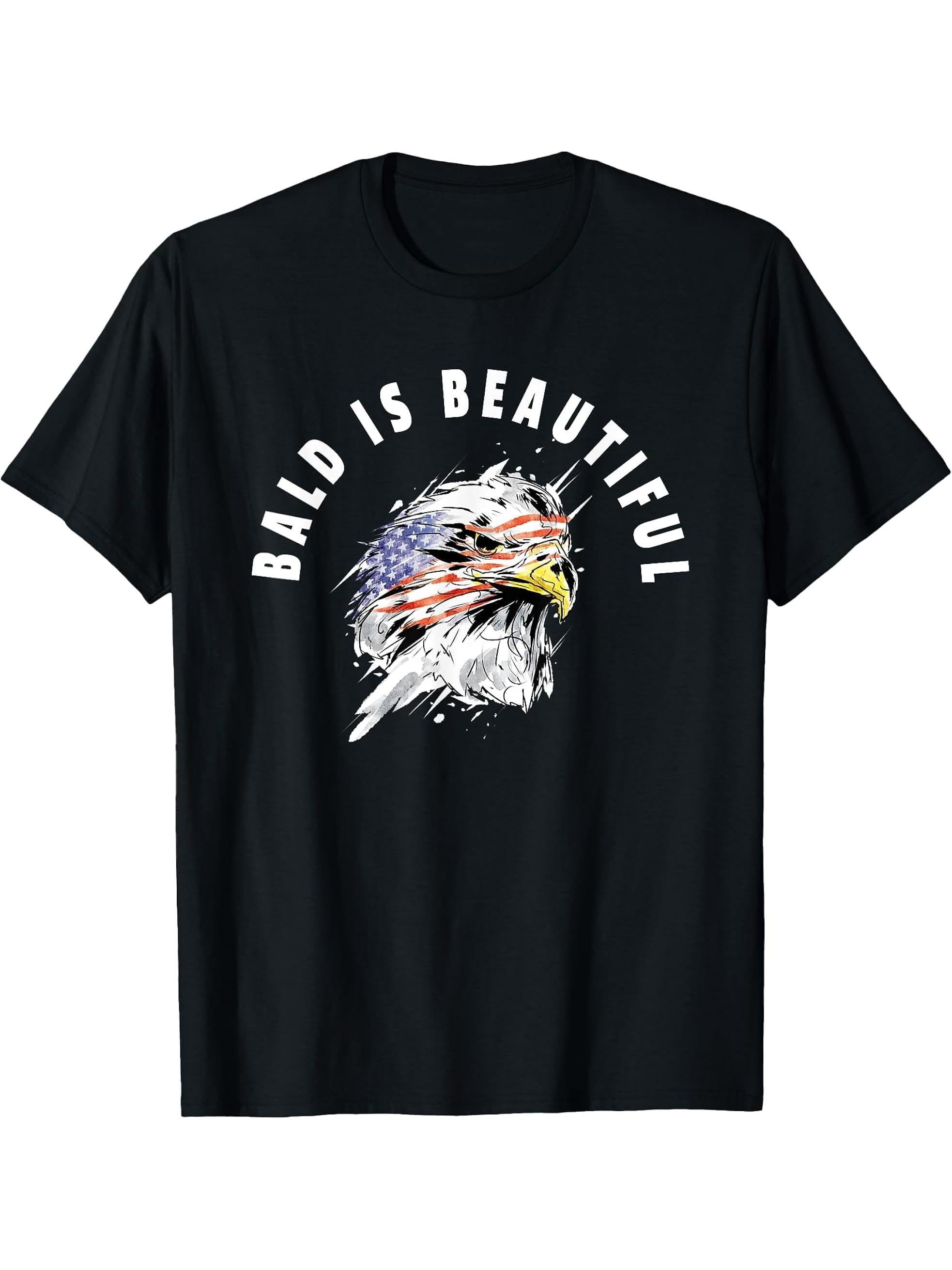 Bald Is Beautiful - Patriotic American Bald Eagle T-Shirt 180G 100% Cotton Printed Round Neck Short-Sleeve T-Shirt, Gifts for Men Dad Husband Grandpa, S-XXXL, Black