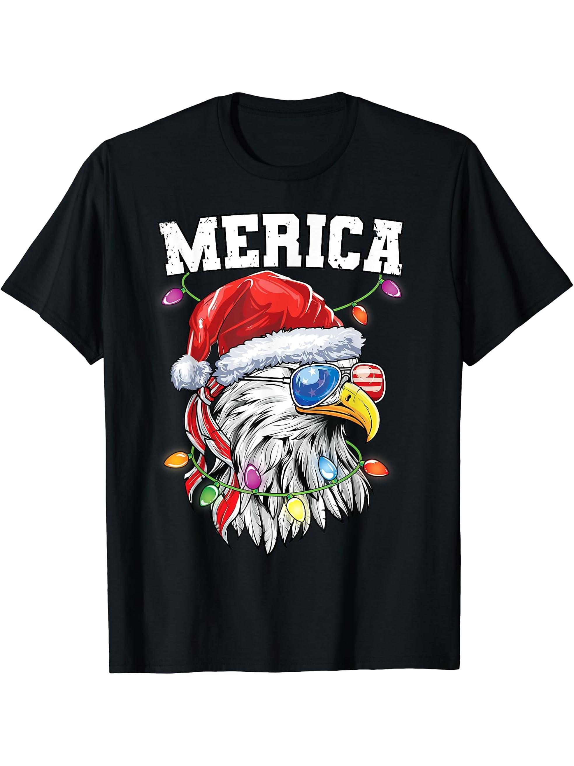 Merica Christmas Shirt Patriotic Veteran Santa Bald Eagle T-Shirt 180G 100% Cotton Printed Round Neck Short-Sleeve T-Shirt, Gifts for Men Dad Husband Grandpa, S-XXXL, Black