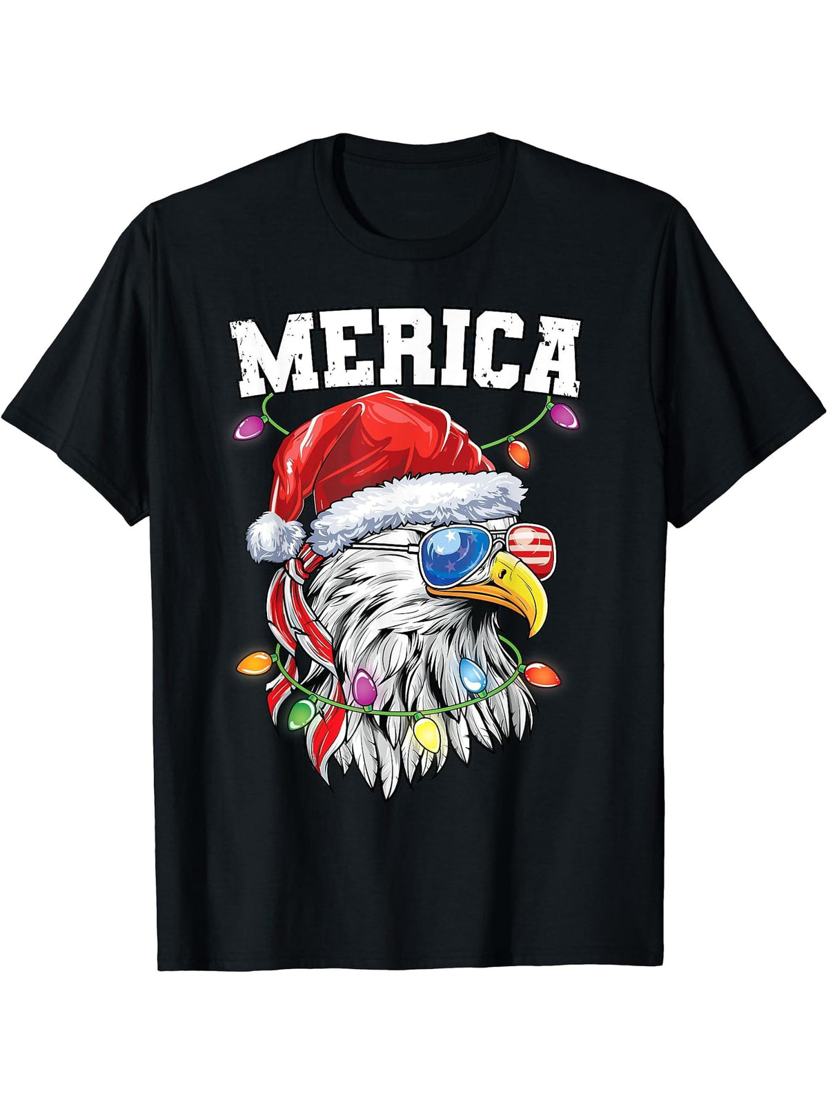 Merica Christmas Shirt Patriotic Veteran Santa Bald Eagle T-Shirt 180G 100% Cotton Printed Round Neck Short-Sleeve T-Shirt, Gifts for Men Dad Husband Grandpa, S-XXXL, Black