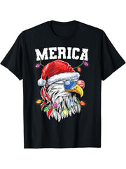 Merica Christmas Shirt Patriotic Veteran Santa Bald Eagle T-Shirt 180G 100% Cotton Printed Round Neck Short-Sleeve T-Shirt, Gifts for Men Dad Husband Grandpa, S-XXXL, Black