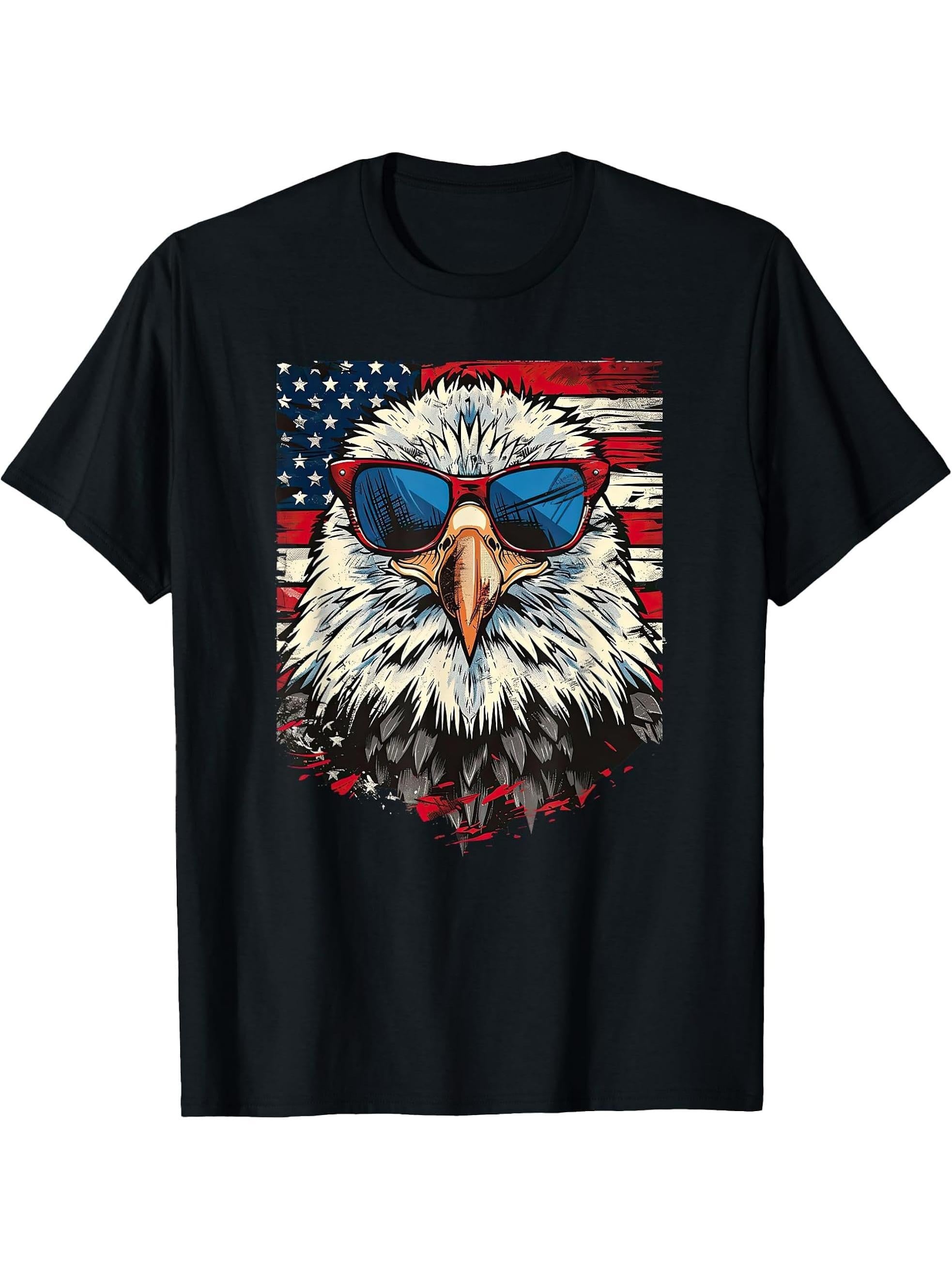 American Bald Eagle, American Flag, Cool T-Shirt 180G 100% Cotton Printed Round Neck Short-Sleeve T-Shirt, Gifts for Men Dad Husband Grandpa, S-XXXL, Black