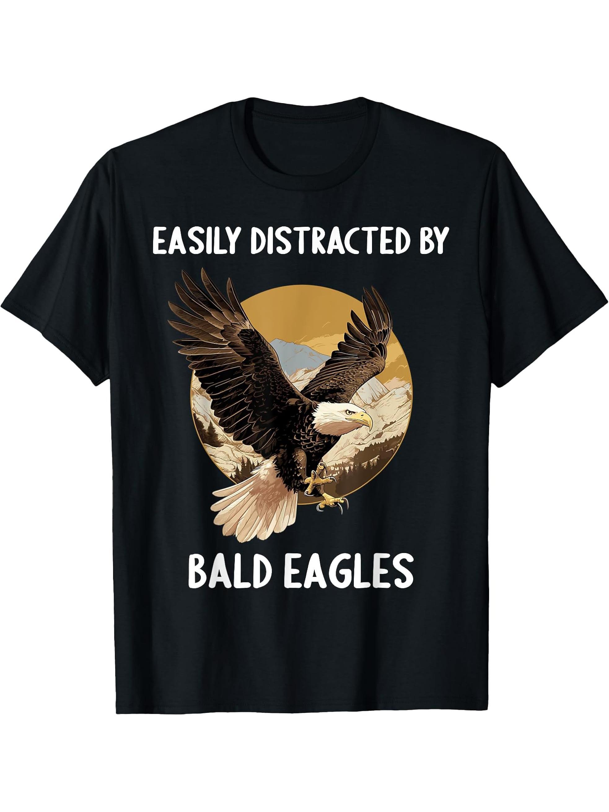 Easily distracted by Bald Eagles Bald Eagle T-Shirt 180G 100% Cotton Printed Round Neck Short-Sleeve T-Shirt, Gifts for Men Dad Husband Grandpa, S-XXXL, Black