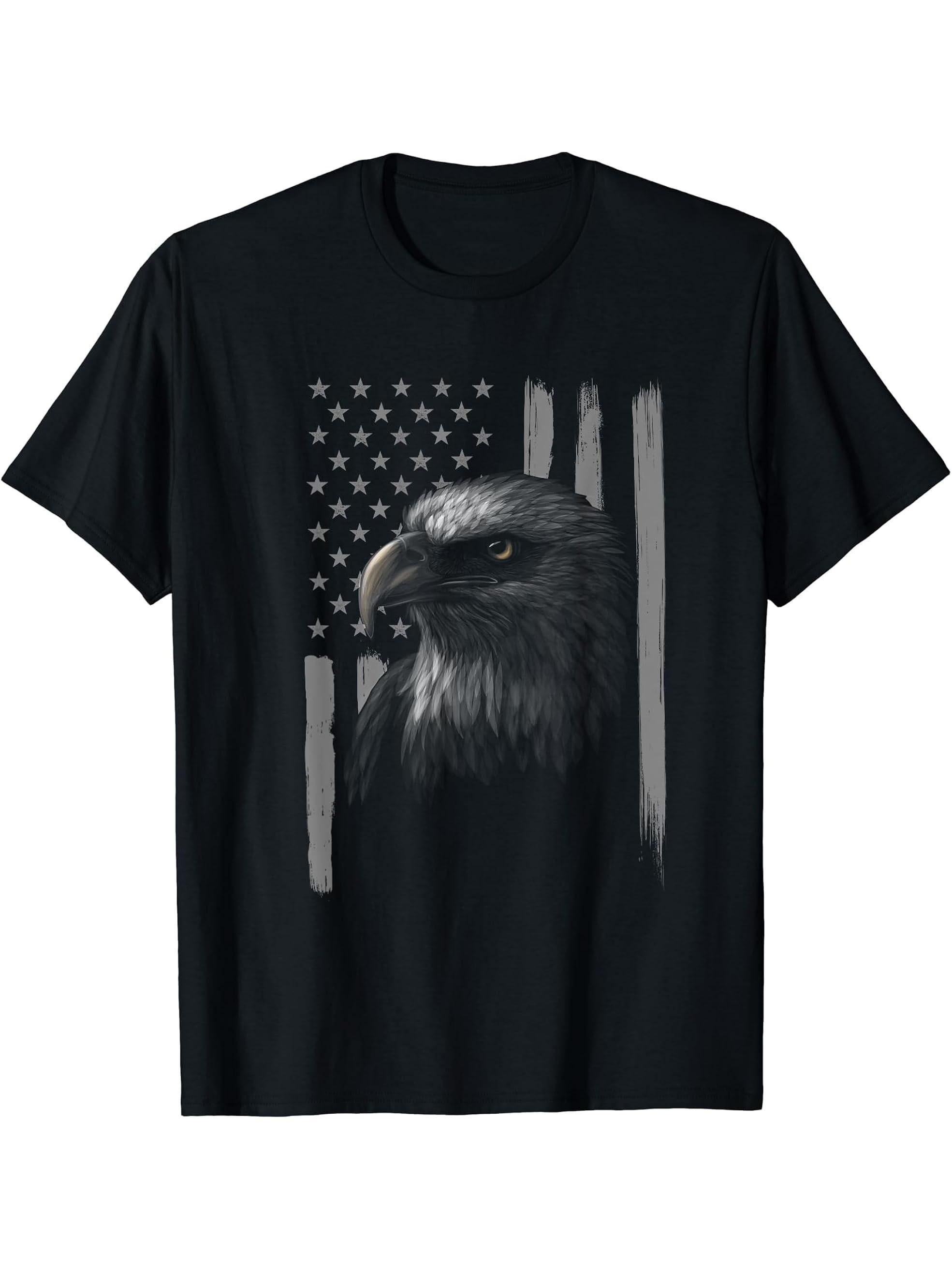 Independence Eagle Patriotic American Flag Glory Bald Eagle- T-Shirt 180G 100% Cotton Printed Round Neck Short-Sleeve T-Shirt, Gifts for Men Dad Husband Grandpa, S-XXXL, Black