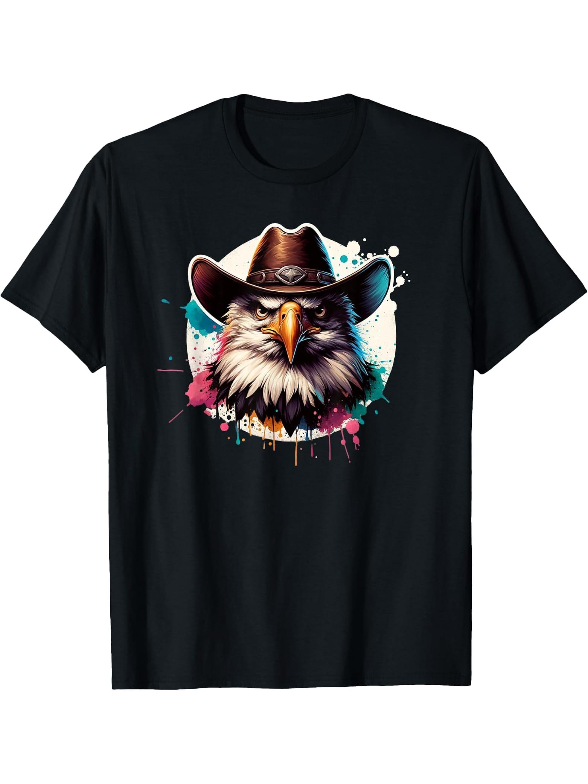 Funny Bald Eagle With Cowboy Hat T-Shirt 180G 100% Cotton Printed Round Neck Short-Sleeve T-Shirt, Gifts for Men Dad Husband Grandpa, S-XXXL, Black