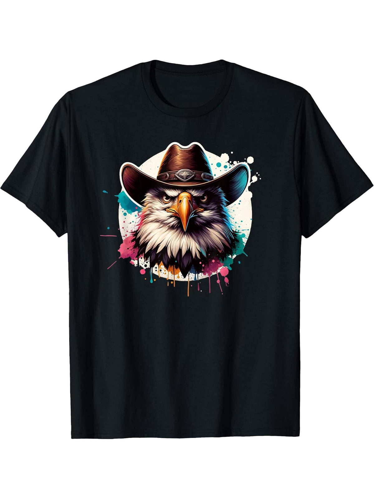 Funny Bald Eagle With Cowboy Hat T-Shirt 180G 100% Cotton Printed Round Neck Short-Sleeve T-Shirt, Gifts for Men Dad Husband Grandpa, S-XXXL, Black