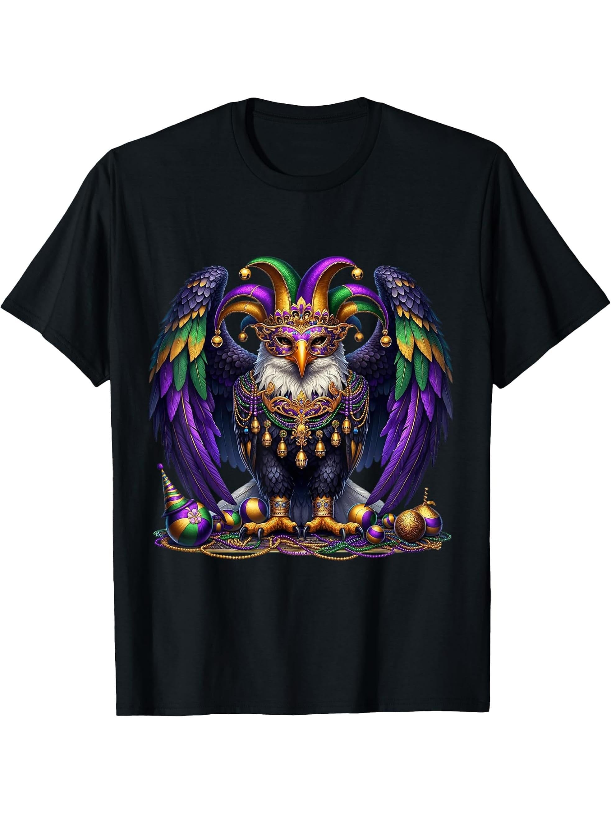 Funny Mardi Gras American Bald Eagle Costume Eagles Apparel T-Shirt 180G 100% Cotton Printed Round Neck Short-Sleeve T-Shirt, Gifts for Men Dad Husband Grandpa, S-XXXL, Black
