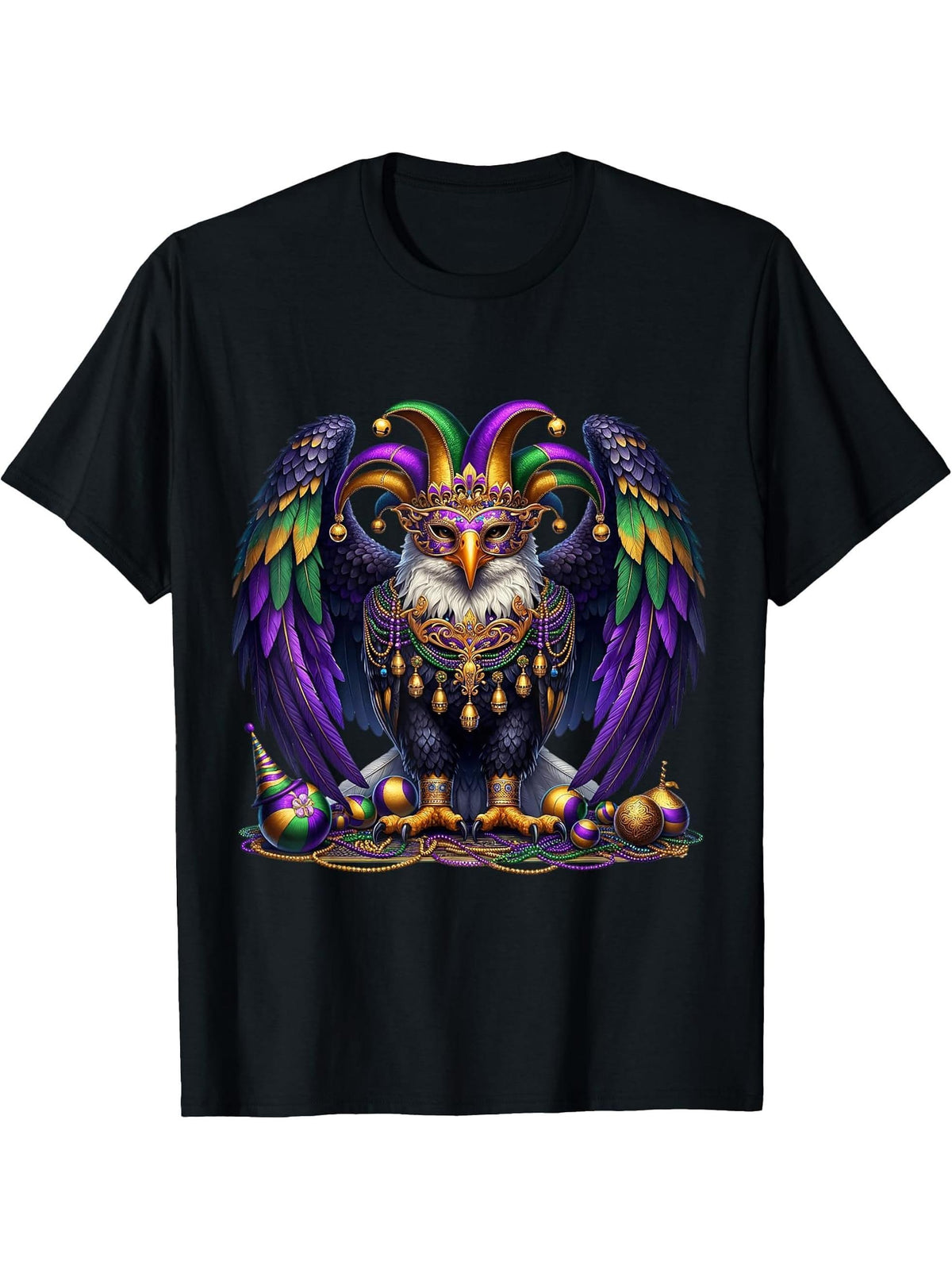 Funny Mardi Gras American Bald Eagle Costume Eagles Apparel T-Shirt 180G 100% Cotton Printed Round Neck Short-Sleeve T-Shirt, Gifts for Men Dad Husband Grandpa, S-XXXL, Black