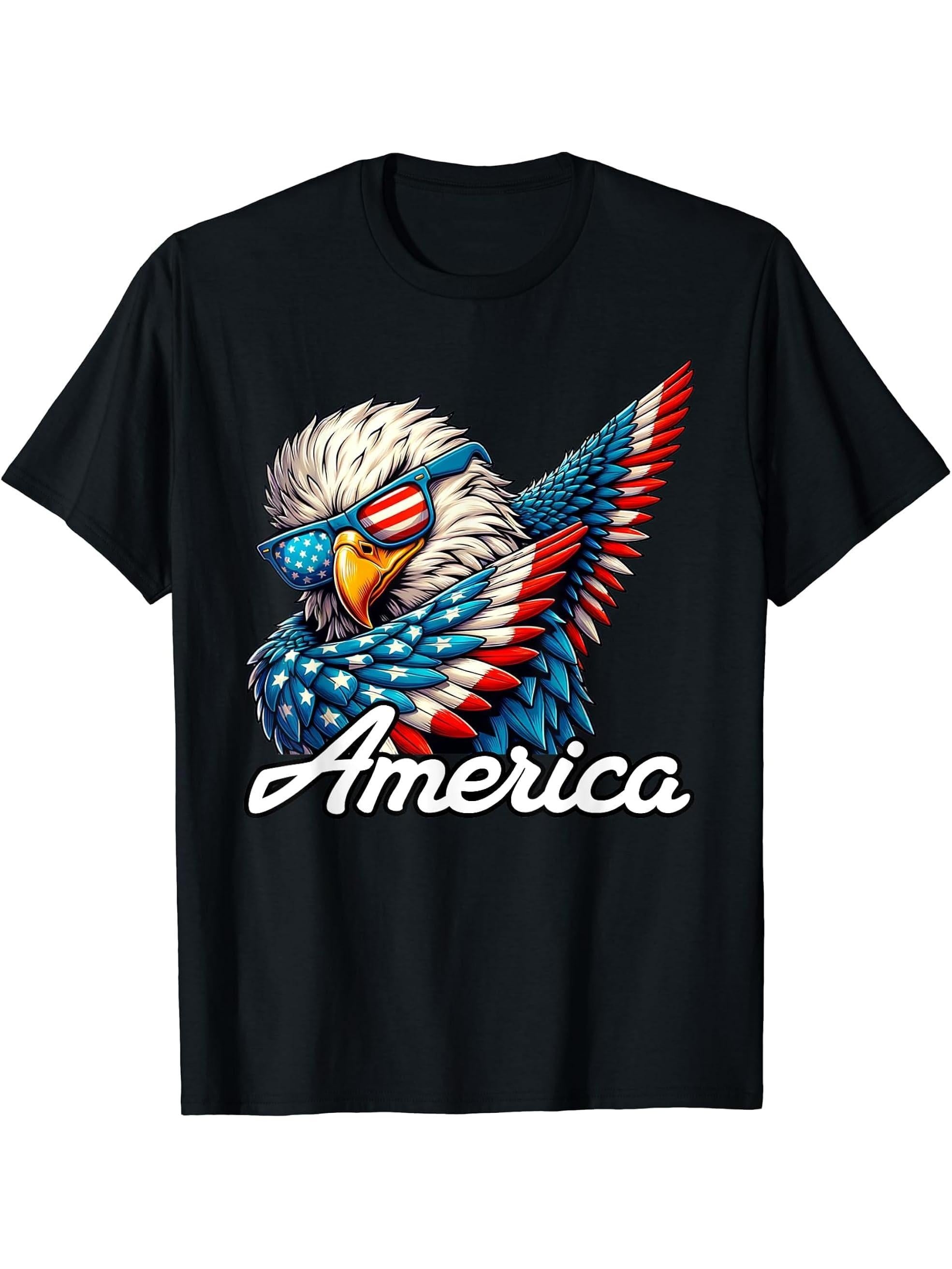Patriotic America Dabbing Bald Eagle T-Shirt 180G 100% Cotton Printed Round Neck Short-Sleeve T-Shirt, Gifts for Men Dad Husband Grandpa, S-XXXL, Black