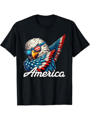 Patriotic America Dabbing Bald Eagle T-Shirt 180G 100% Cotton Printed Round Neck Short-Sleeve T-Shirt, Gifts for Men Dad Husband Grandpa, S-XXXL, Black